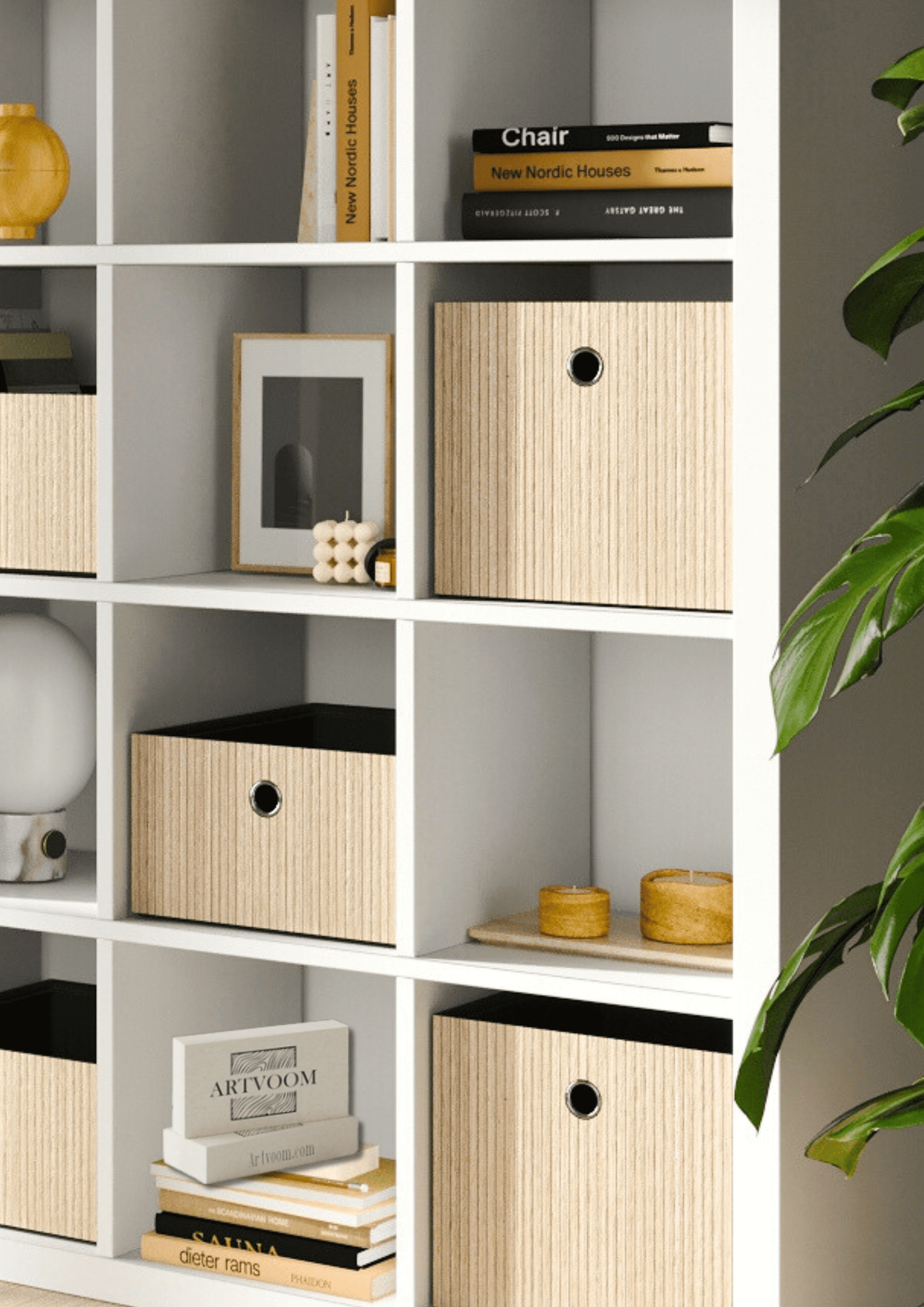 Box and basket for ikea kallax storage with dacorative wooden overlays - Artvoom