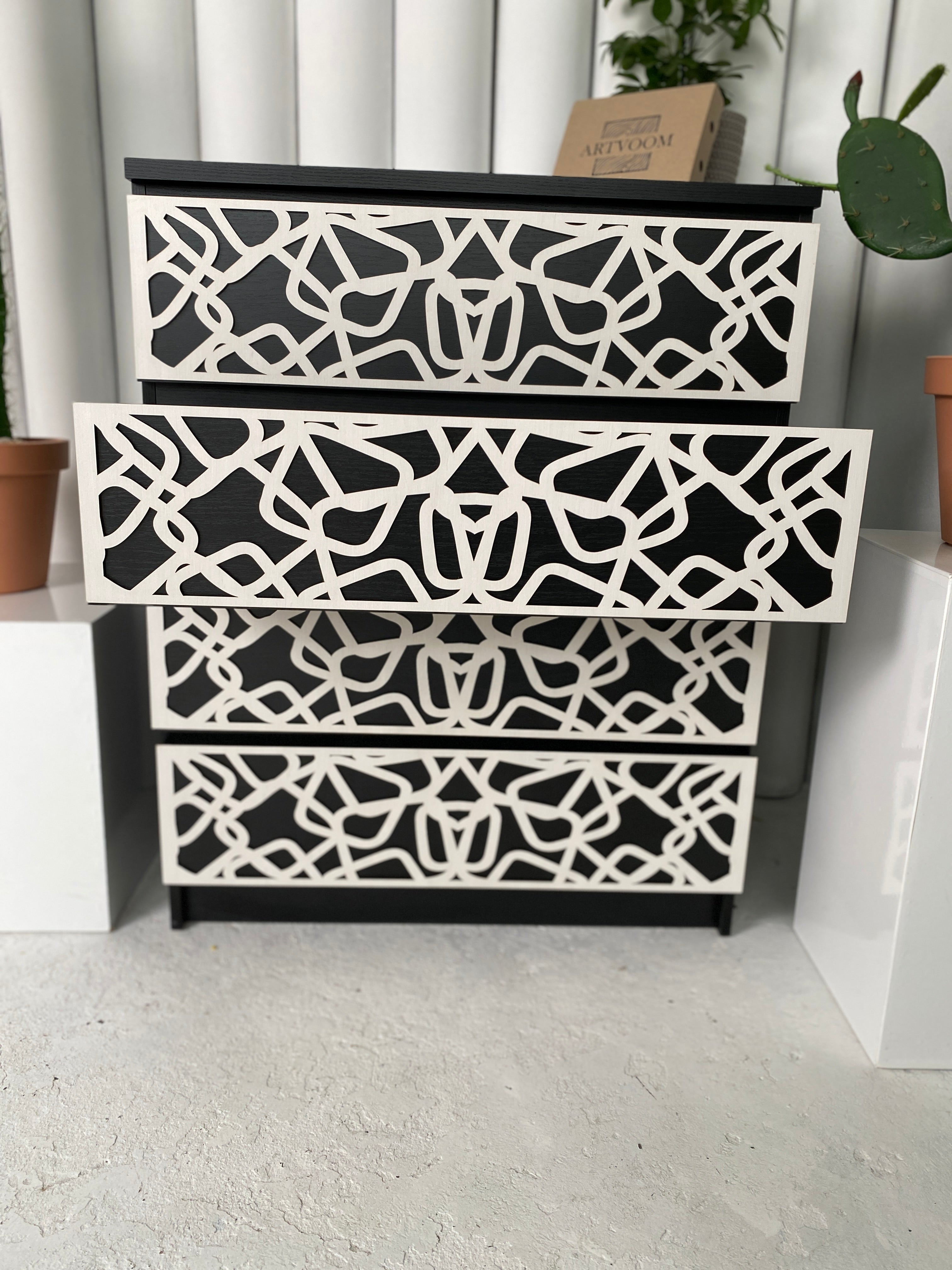 Overlay wooden panels for decorating ikea malm dresser with abstract pattern - Artvoom