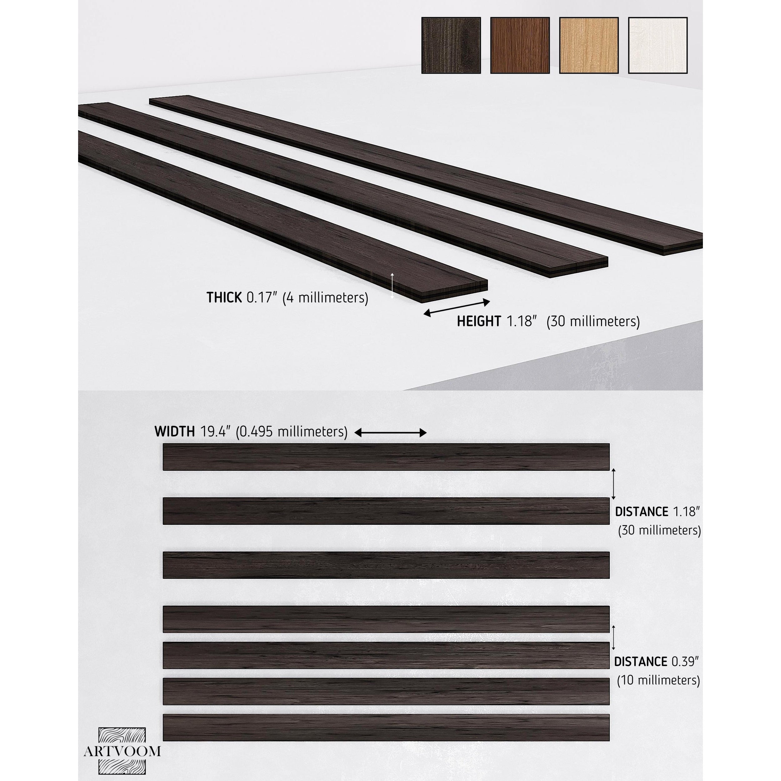 Narrow (Ebony) Wenge Wooden Wall Slats, 24 pcs in box. Artvoom Wall Decor - Artvoom