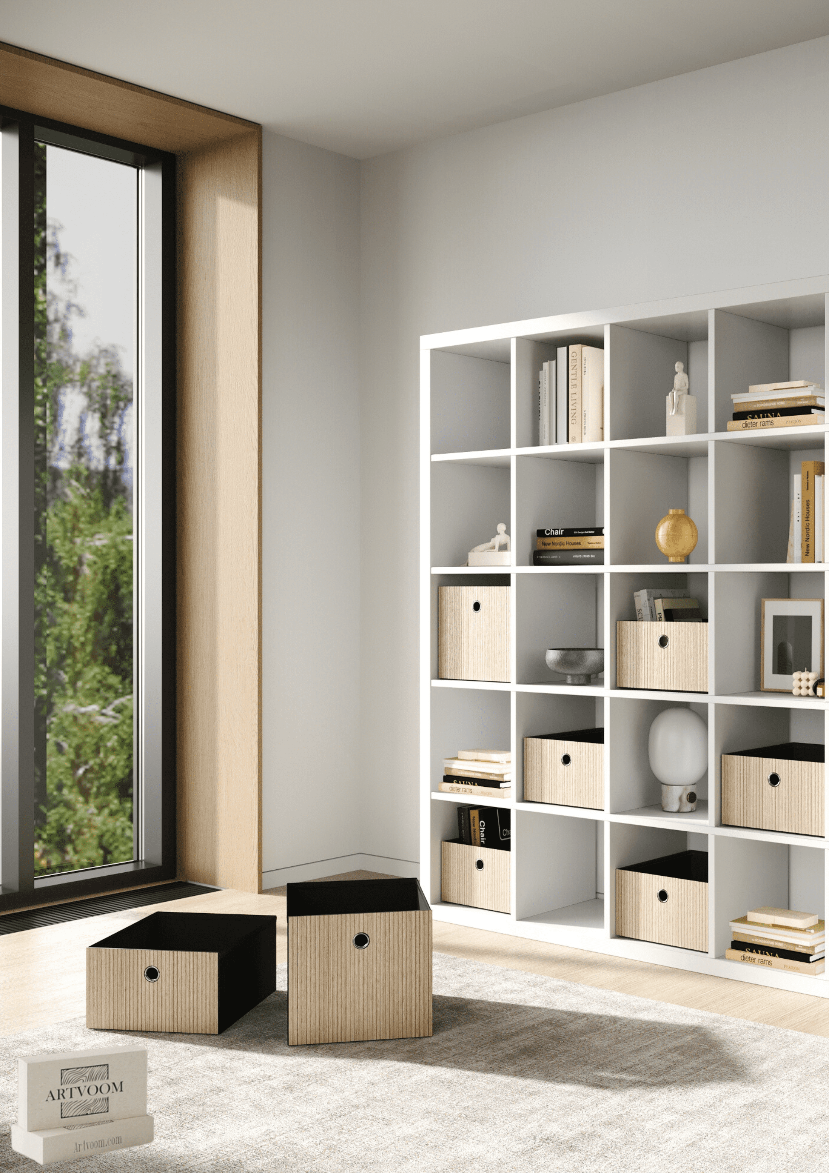 Box and basket for ikea kallax storage with dacorative wooden overlays panels by Artvoom – wood decor