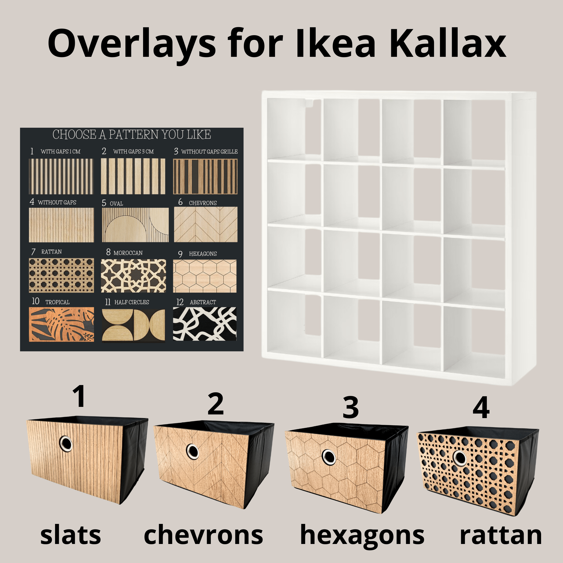 Box and basket for ikea kallax storage with dacorative wooden overlays panels by Artvoom – wood decor
