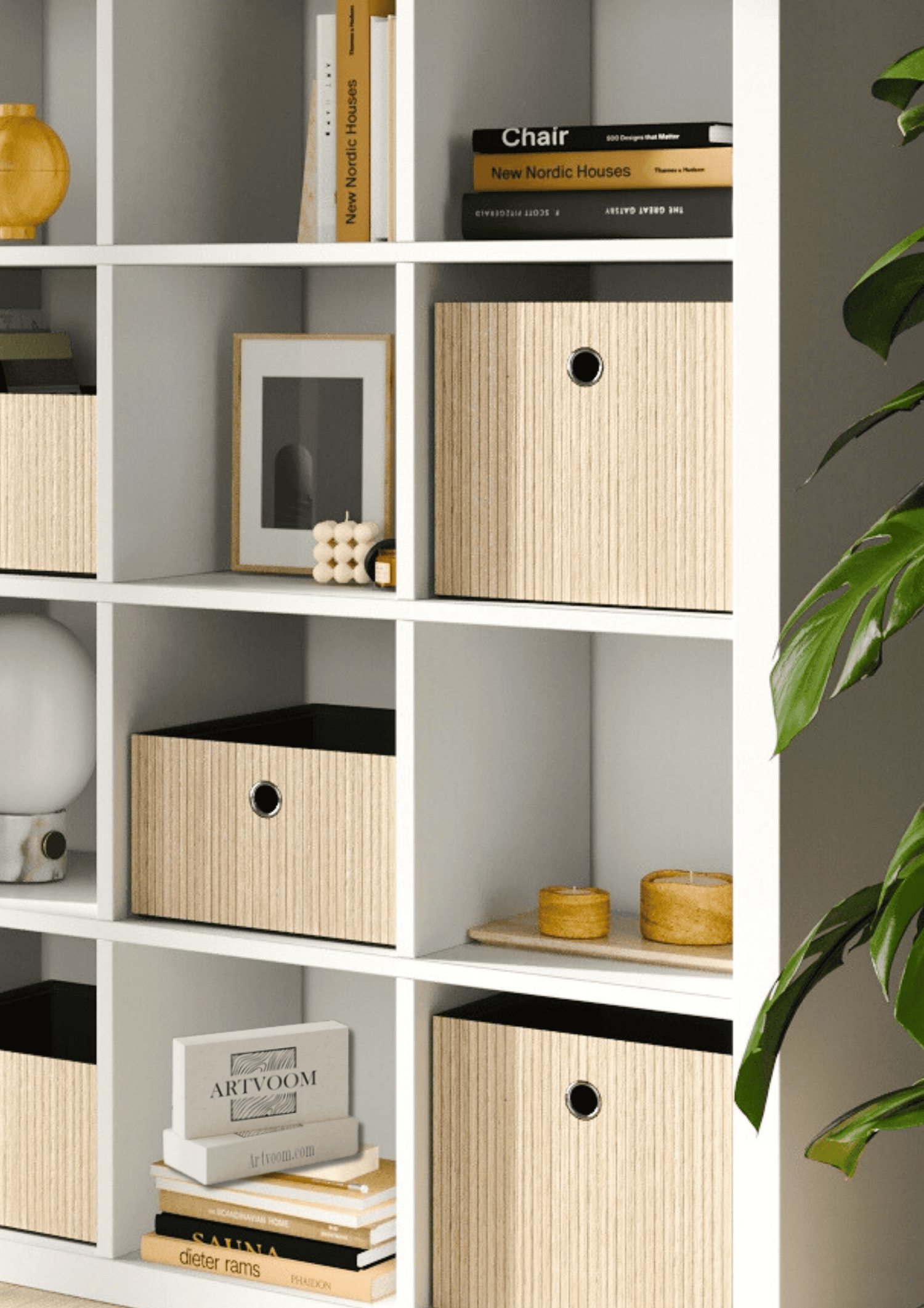 Box and basket for ikea kallax storage with dacorative wooden overlays panels by Artvoom – wood decor