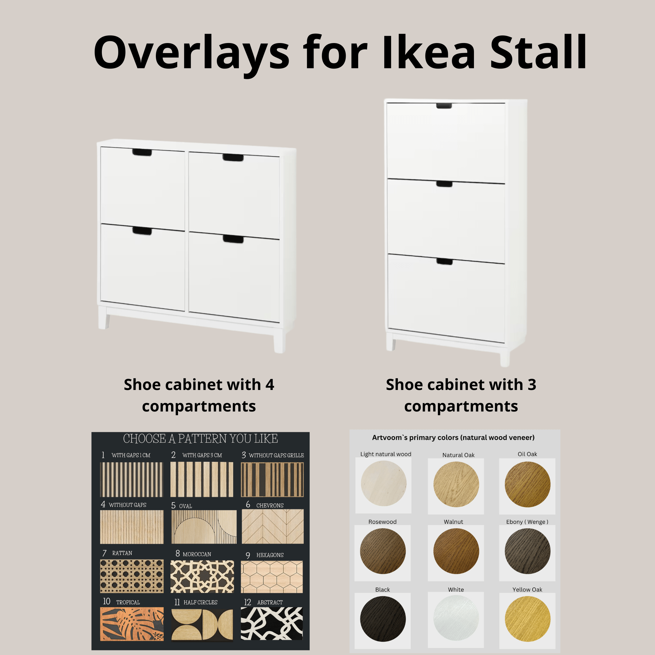 Furniture overlay for stall or hemnes shoes cabinet on 4 doors compartments with all pattern panels by Artvoom – wood decor