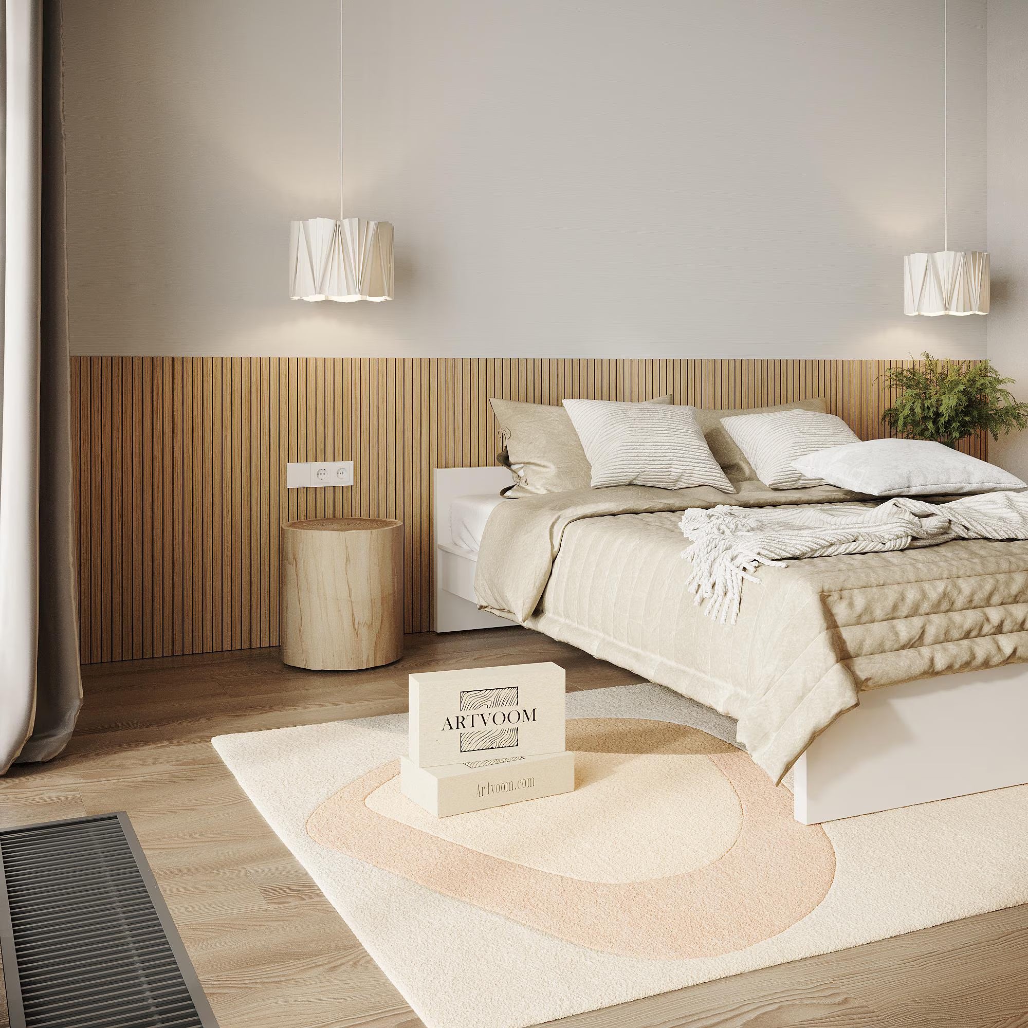 Bespoke statement wall design featuring wide vertical wood panelling for a seamless luxury finish.