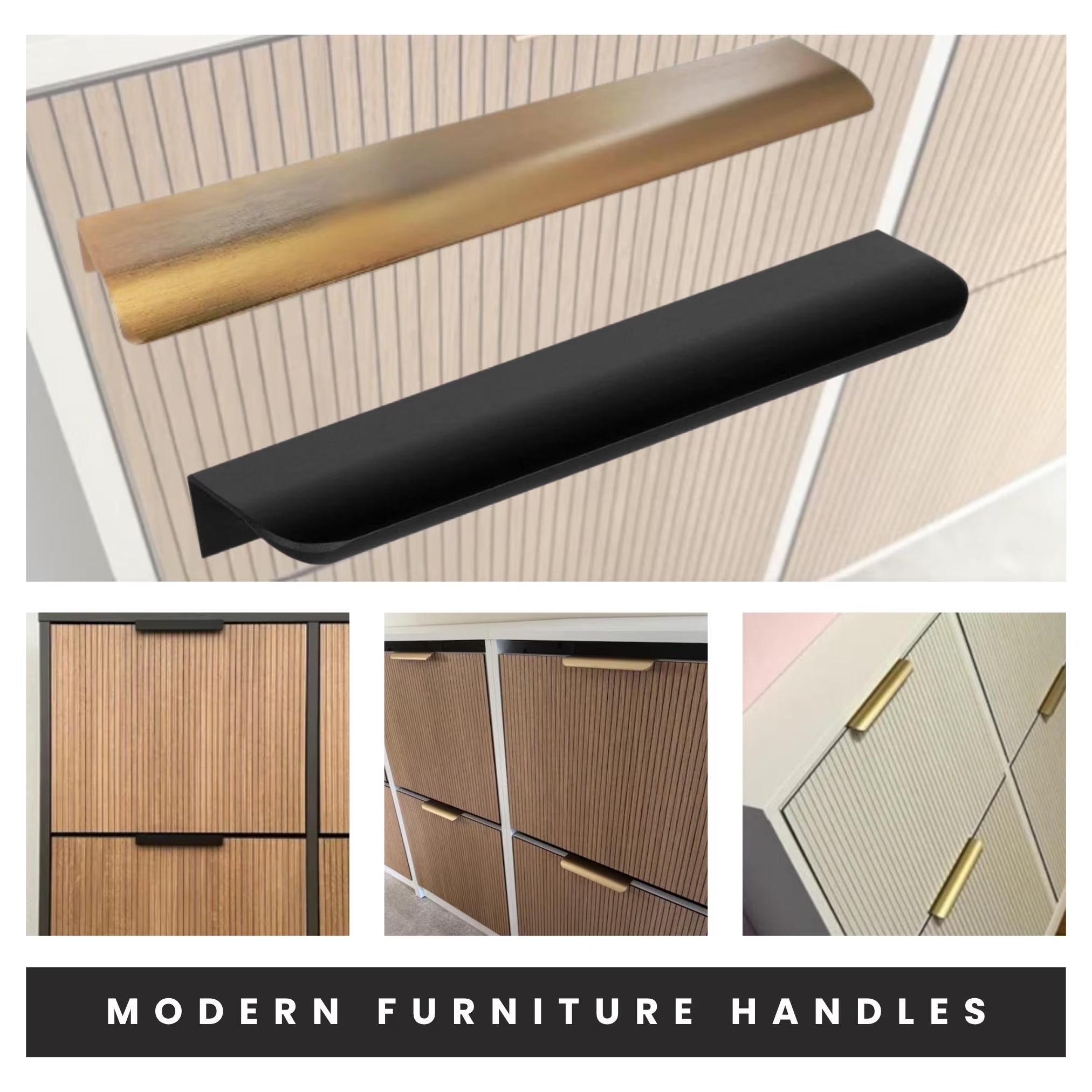 Collage of modern furniture handles in black and gold on various cabinet doors.