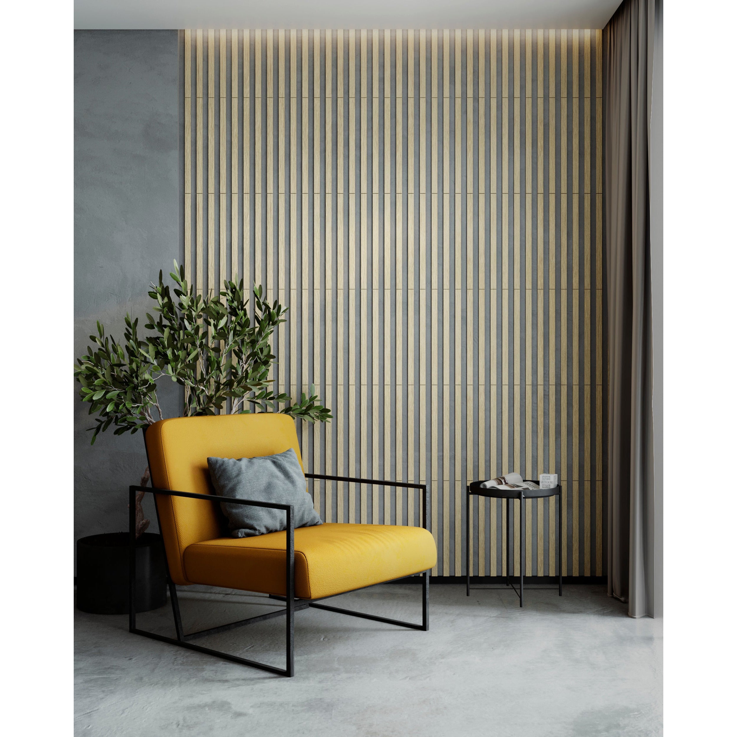 Hallway wall transformation using narrow oak decorative slats for a mid-century modern aesthetic.