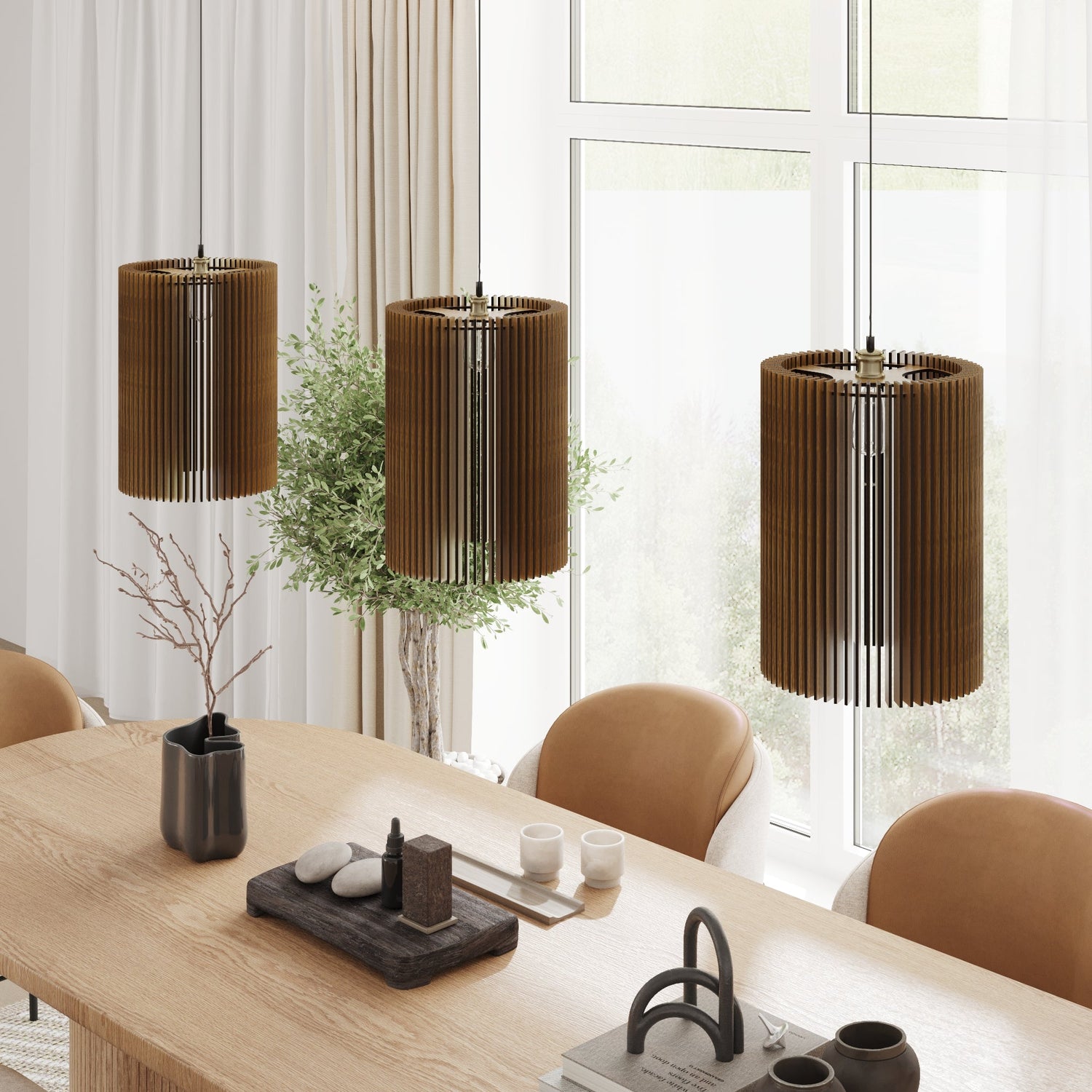 Narrow wooden pendant lights made of slats panels by Artvoom – wood decor
