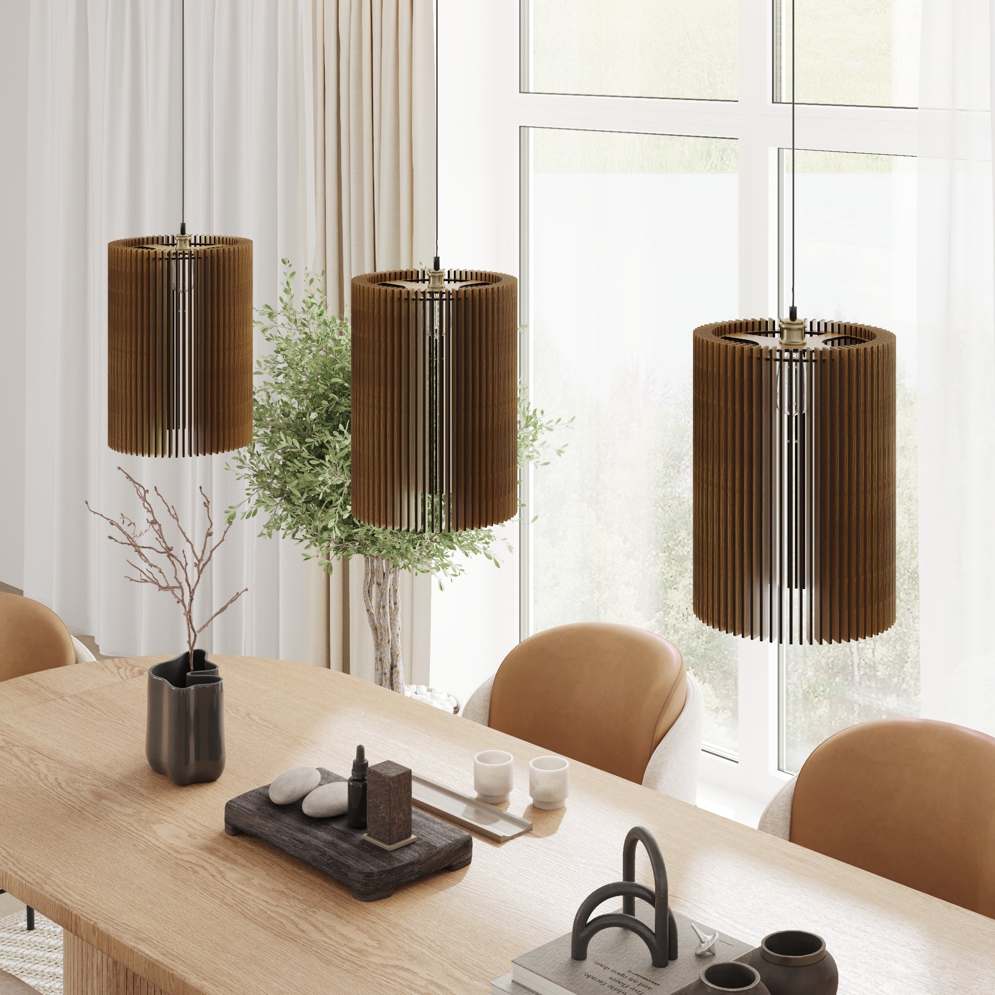 Custom lighting cluster featuring a staggered multi-unit set of narrow slatted wood pendant lamps.