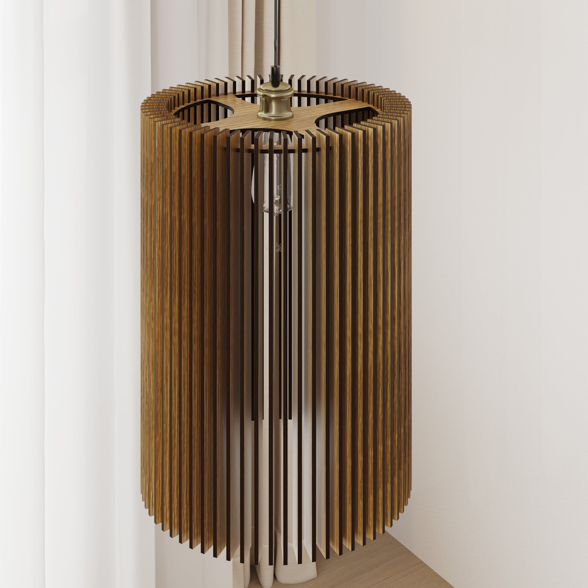 Tight dramatic linear shadows and sharp ambient light streams projected by a slender slatted ceiling fixture.