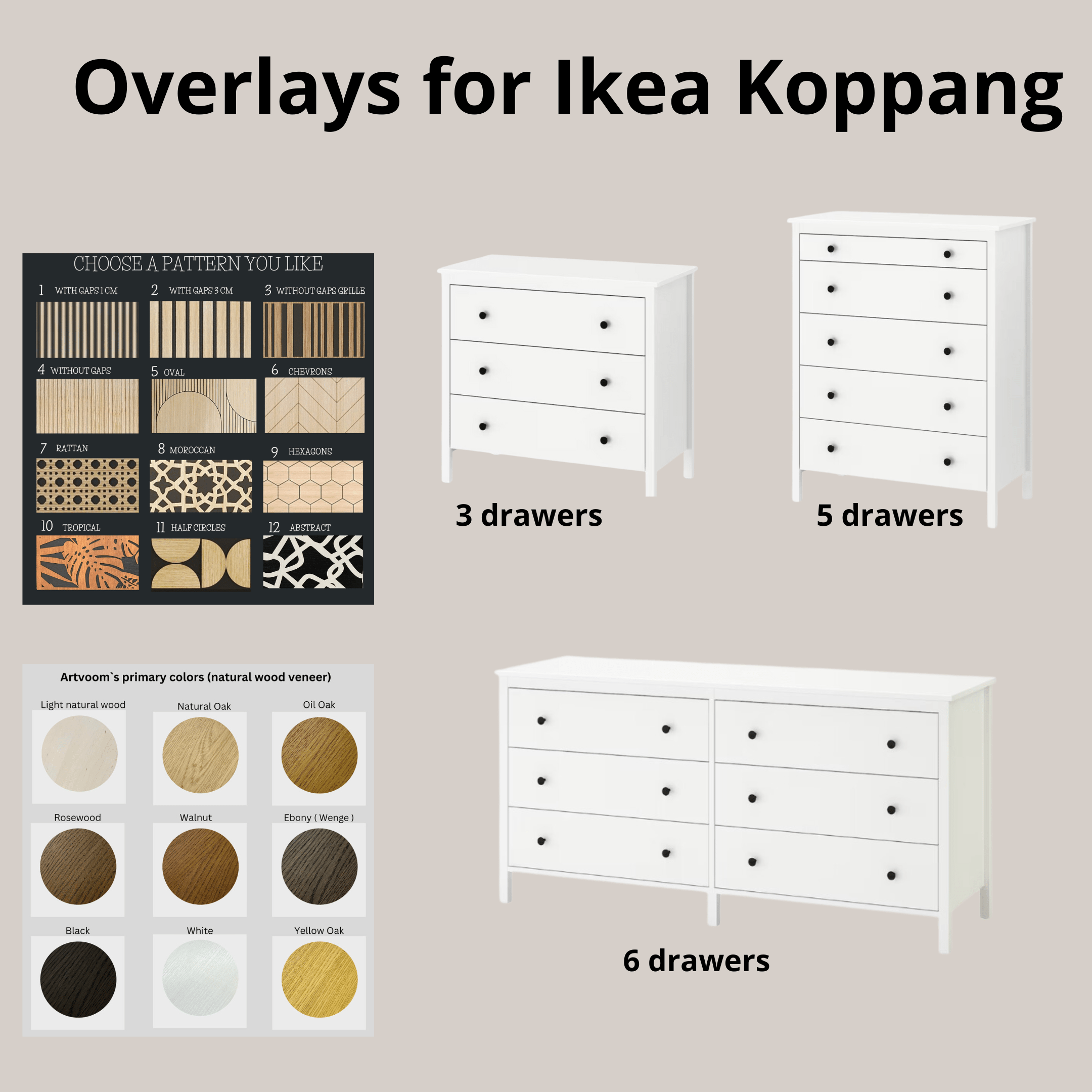 Overlay wooden panels for decorating ikea koppang dresser with pattern panels by Artvoom – wood decor