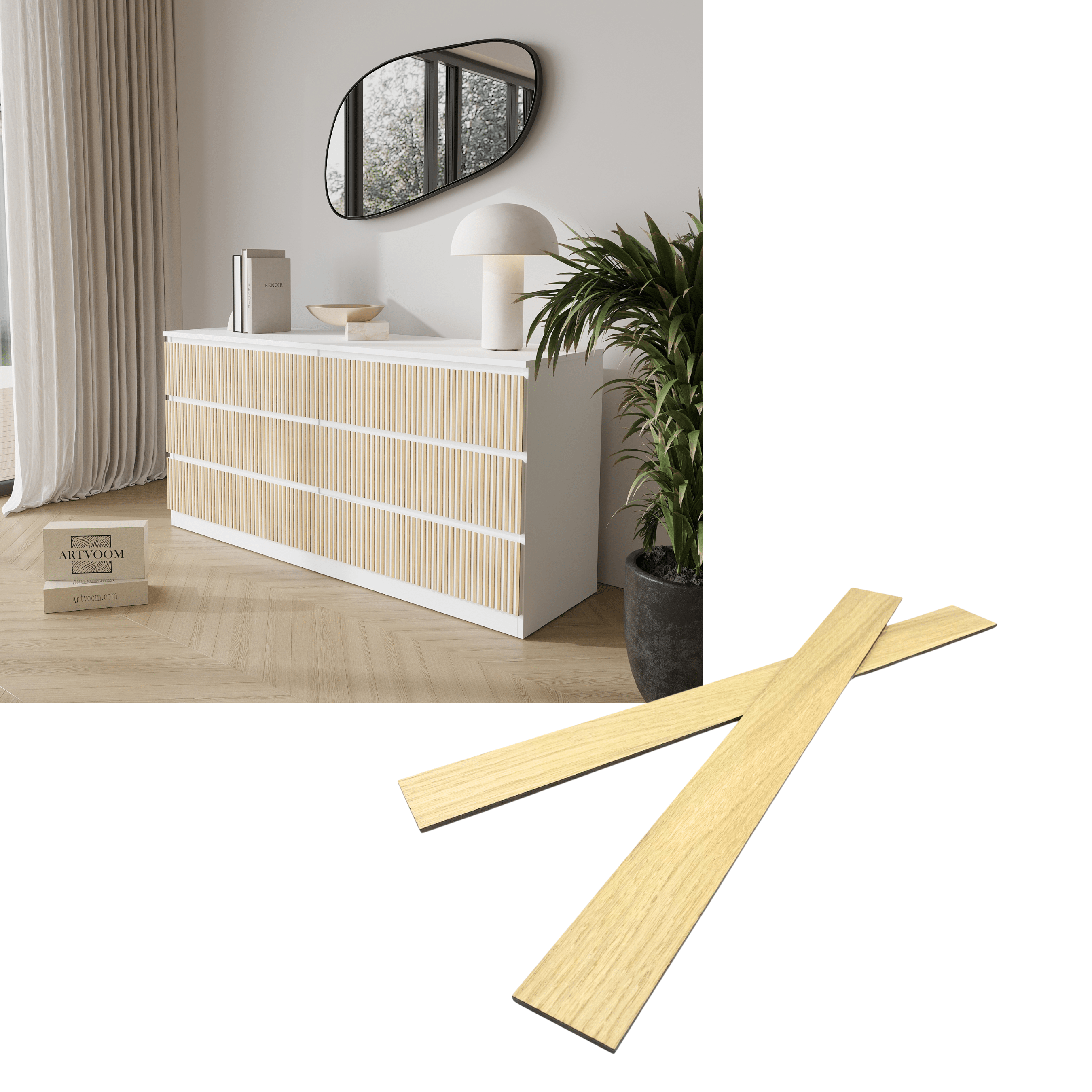 Overlay wooden slats panels for decorating ikea malm dresser 1 cm width panels by Artvoom – wood decor