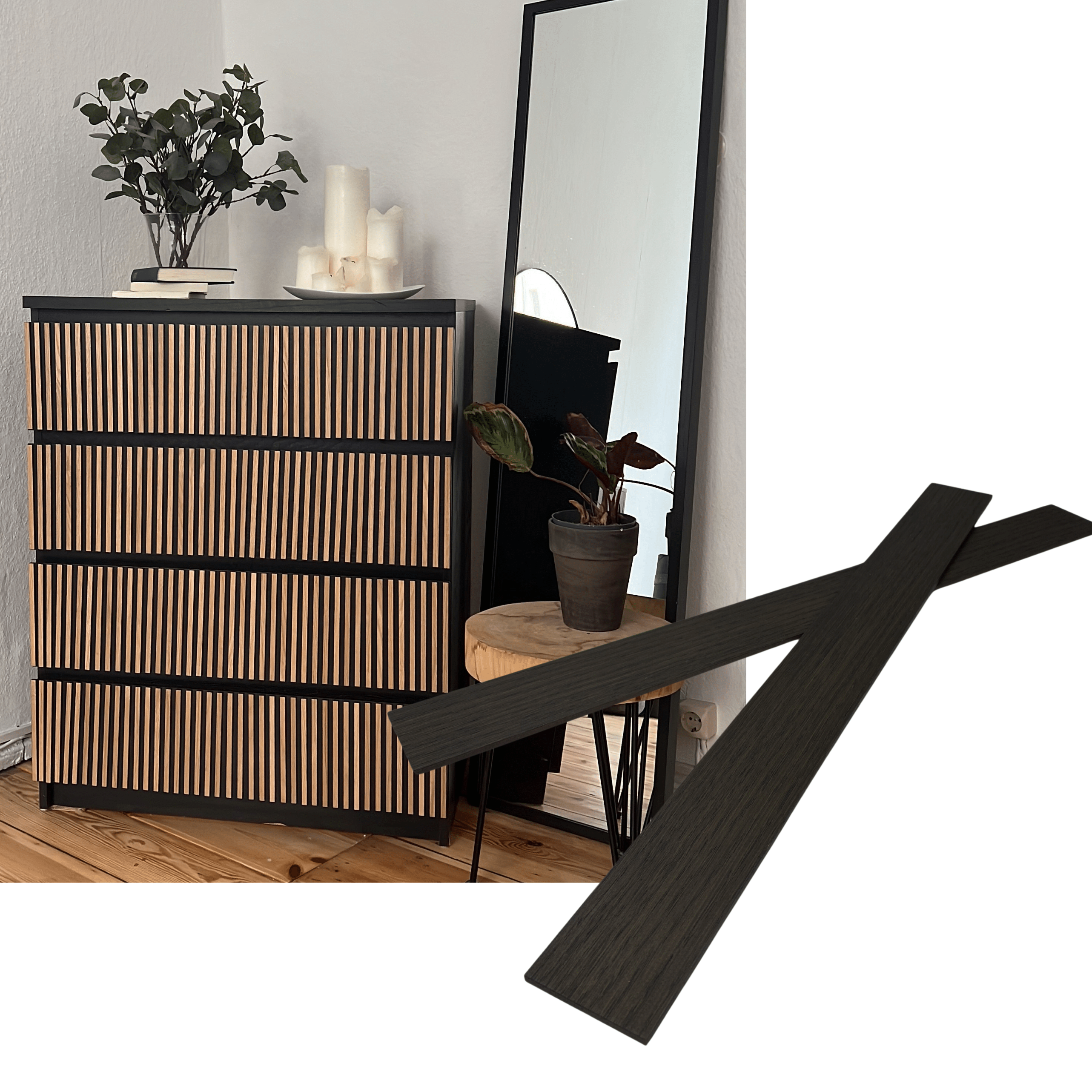 Overlay wooden slats panels for decorating ikea malm dresser 1 cm width panels by Artvoom – wood decor