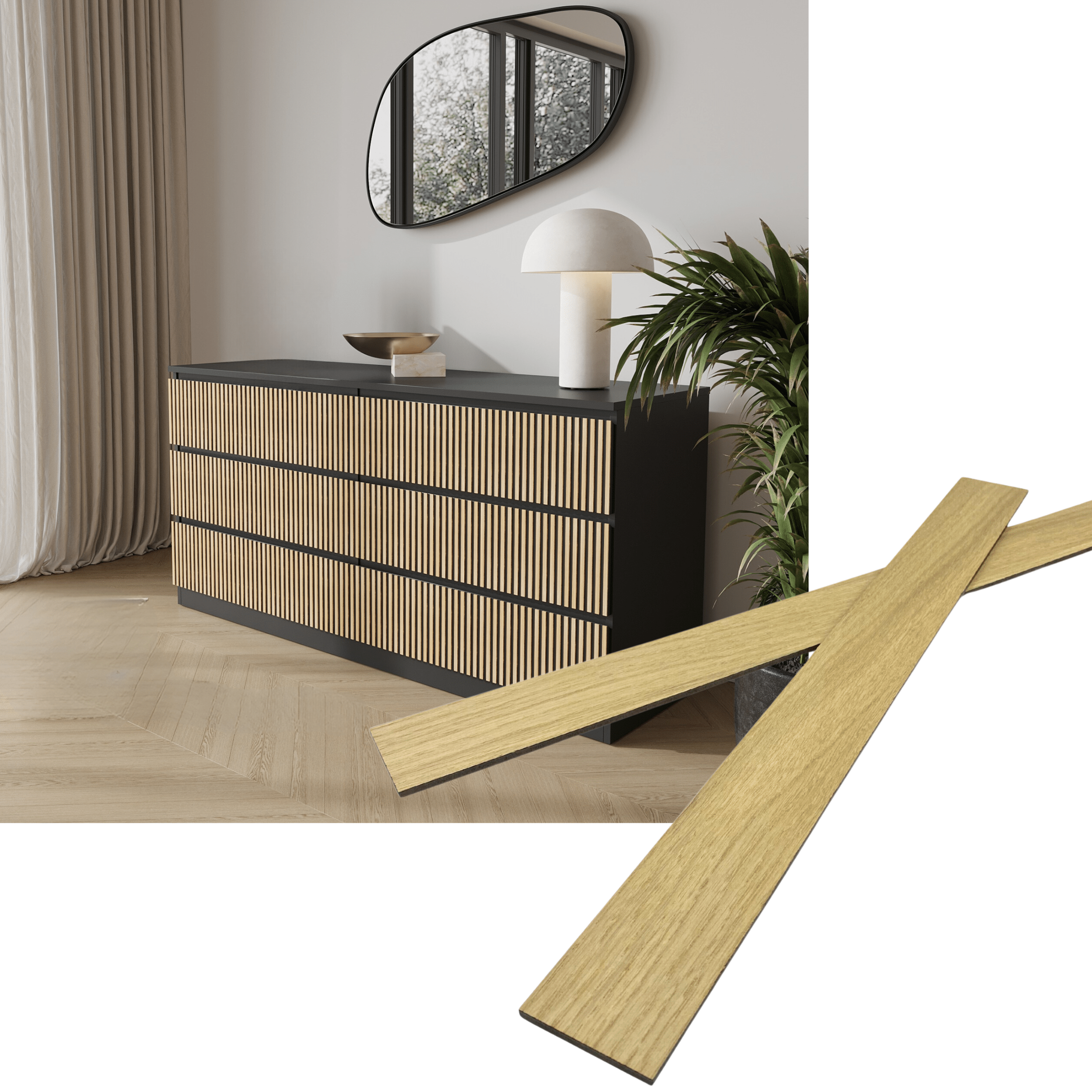 Overlay wooden slats panels for decorating ikea malm dresser 1 cm width panels by Artvoom – wood decor