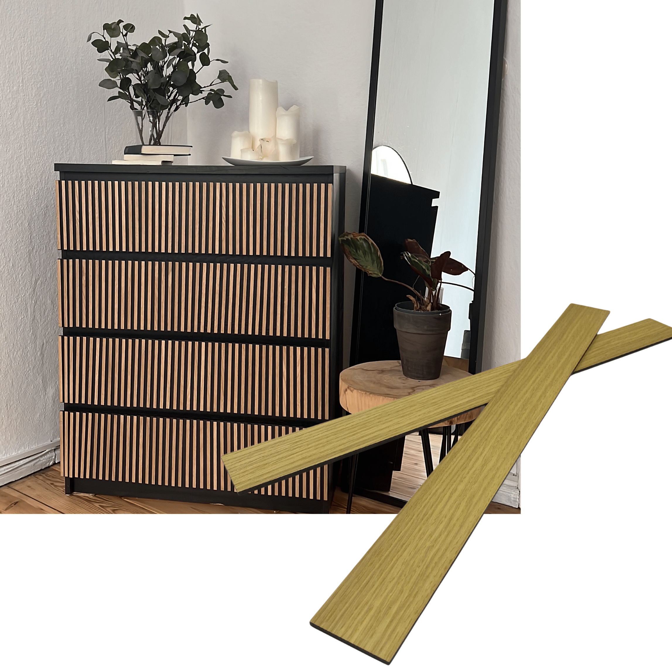Overlay wooden slats panels for decorating ikea malm dresser 1 cm width panels by Artvoom – wood decor