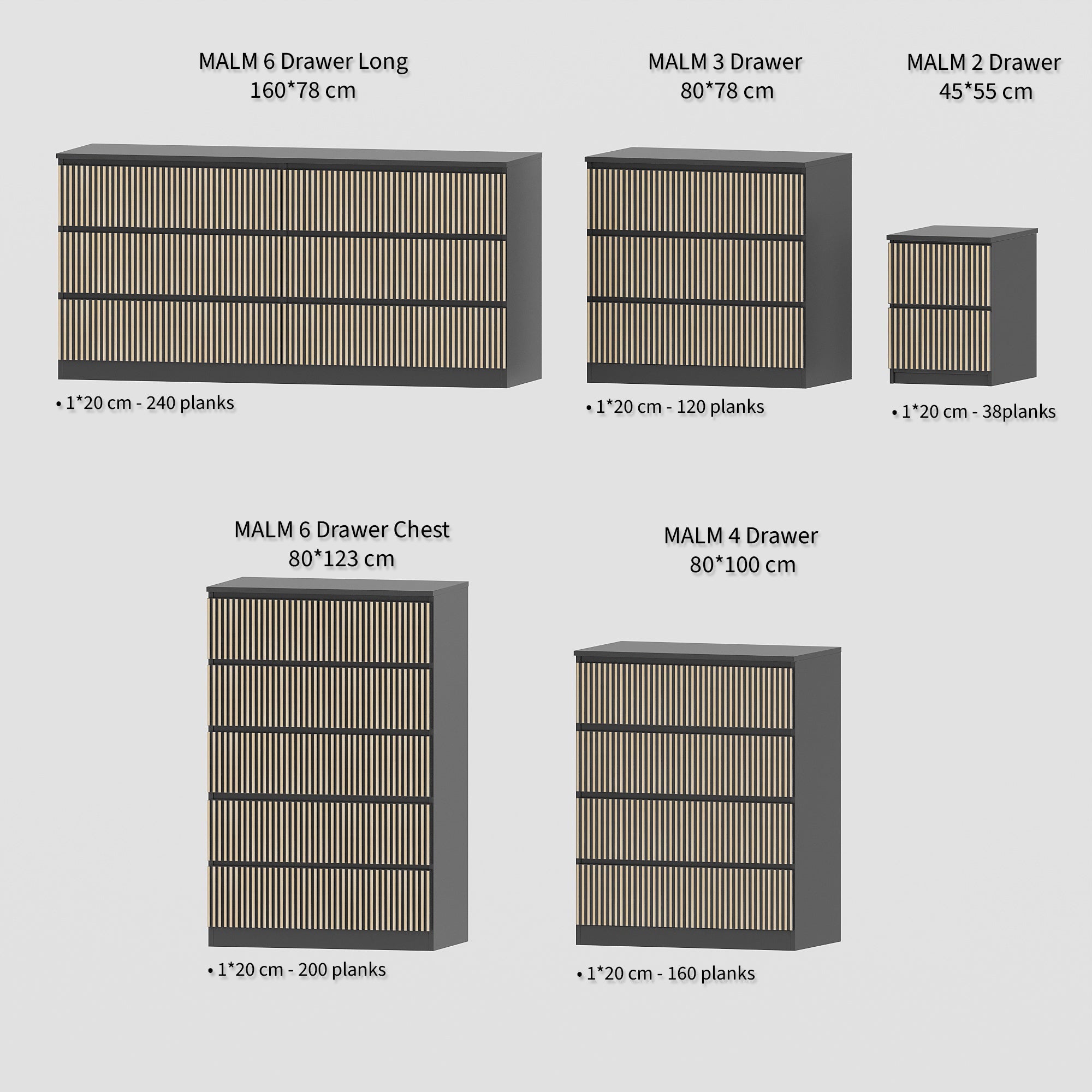 Overlay wooden slats panels for decorating ikea malm dresser 1 cm width panels by Artvoom – wood decor