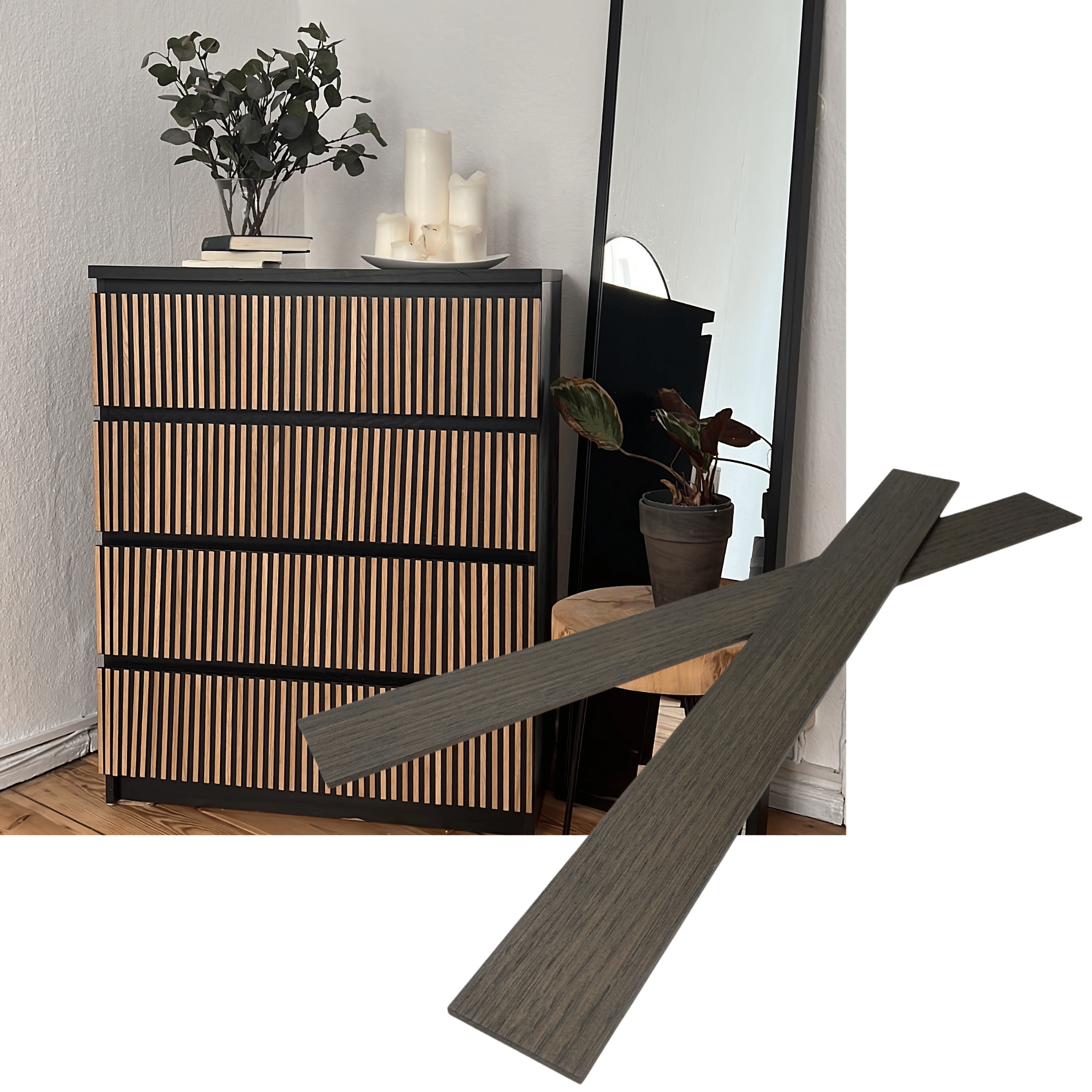 Overlay wooden slats panels for decorating ikea malm dresser 1 cm width panels by Artvoom – wood decor