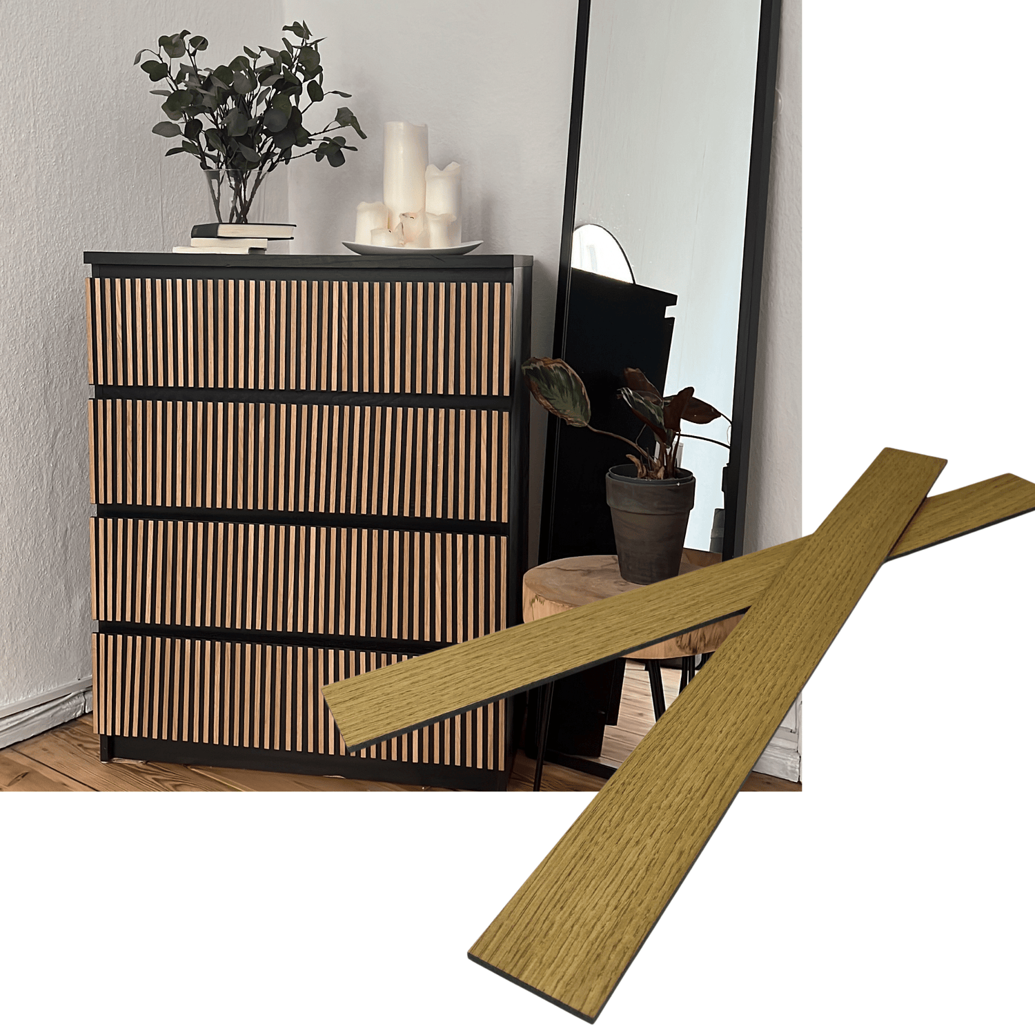 Overlay wooden slats panels for decorating ikea malm dresser 1 cm width panels by Artvoom – wood decor