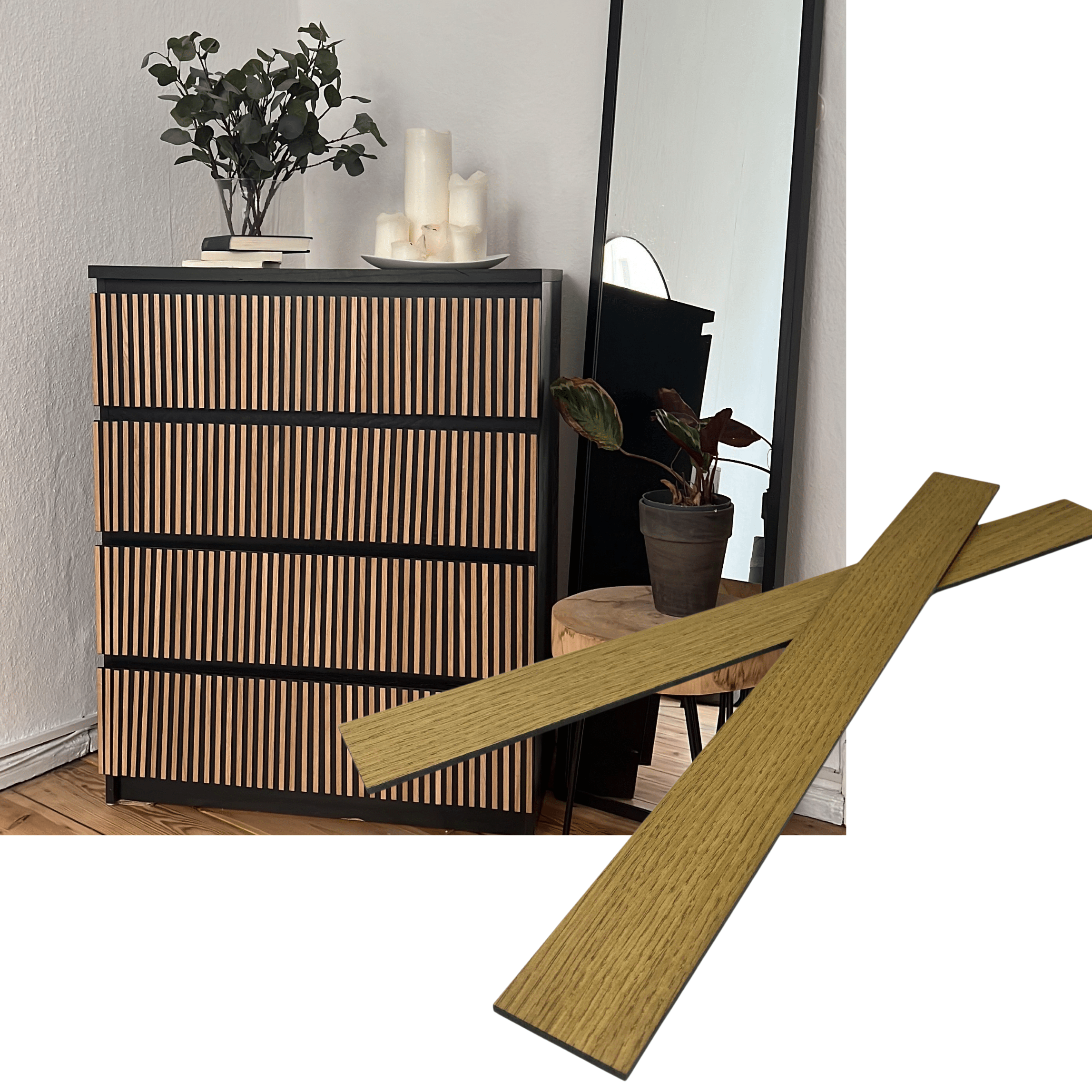 Overlay wooden slats panels for decorating ikea malm dresser 1 cm width panels by Artvoom – wood decor