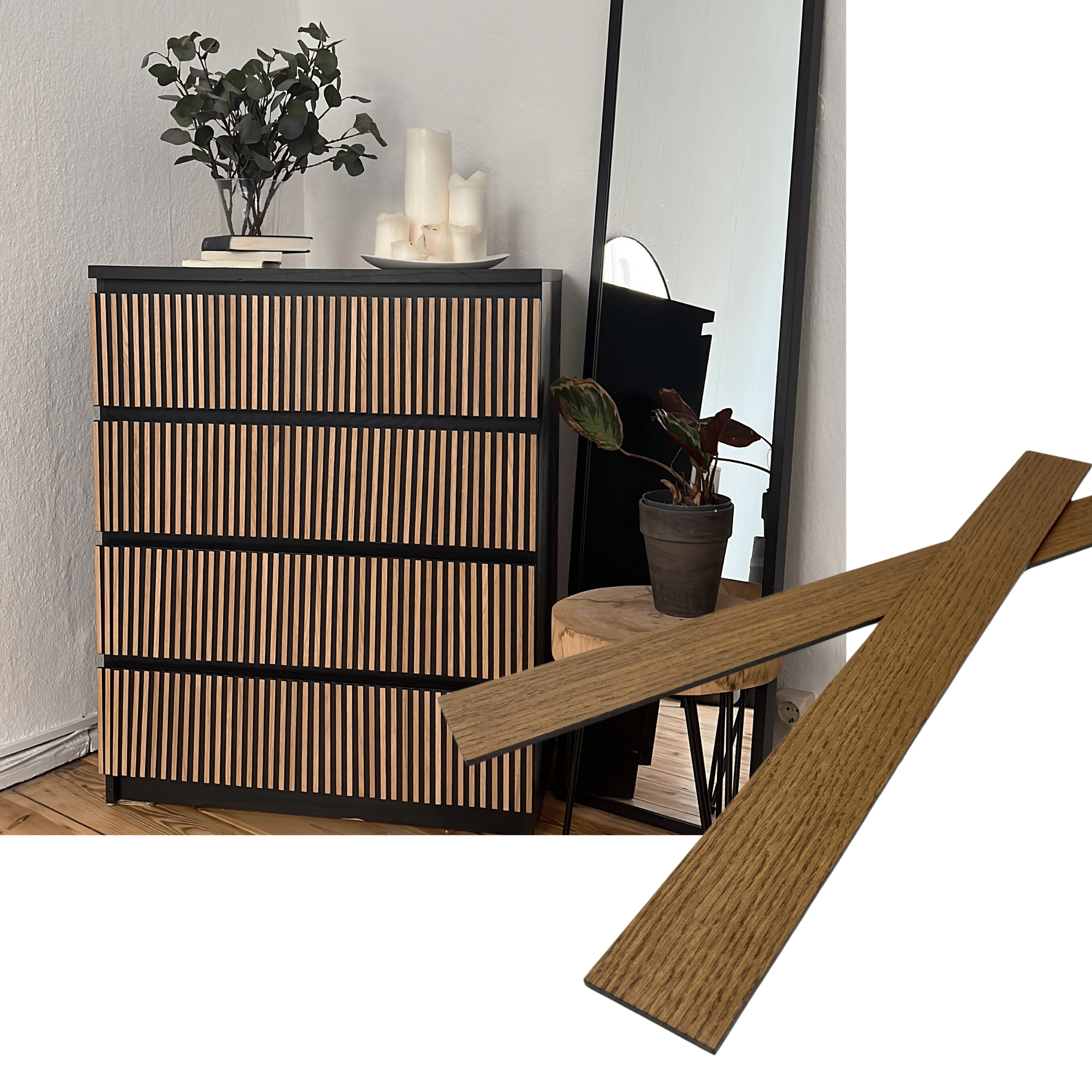 Overlay wooden slats panels for decorating ikea malm dresser 1 cm width panels by Artvoom – wood decor
