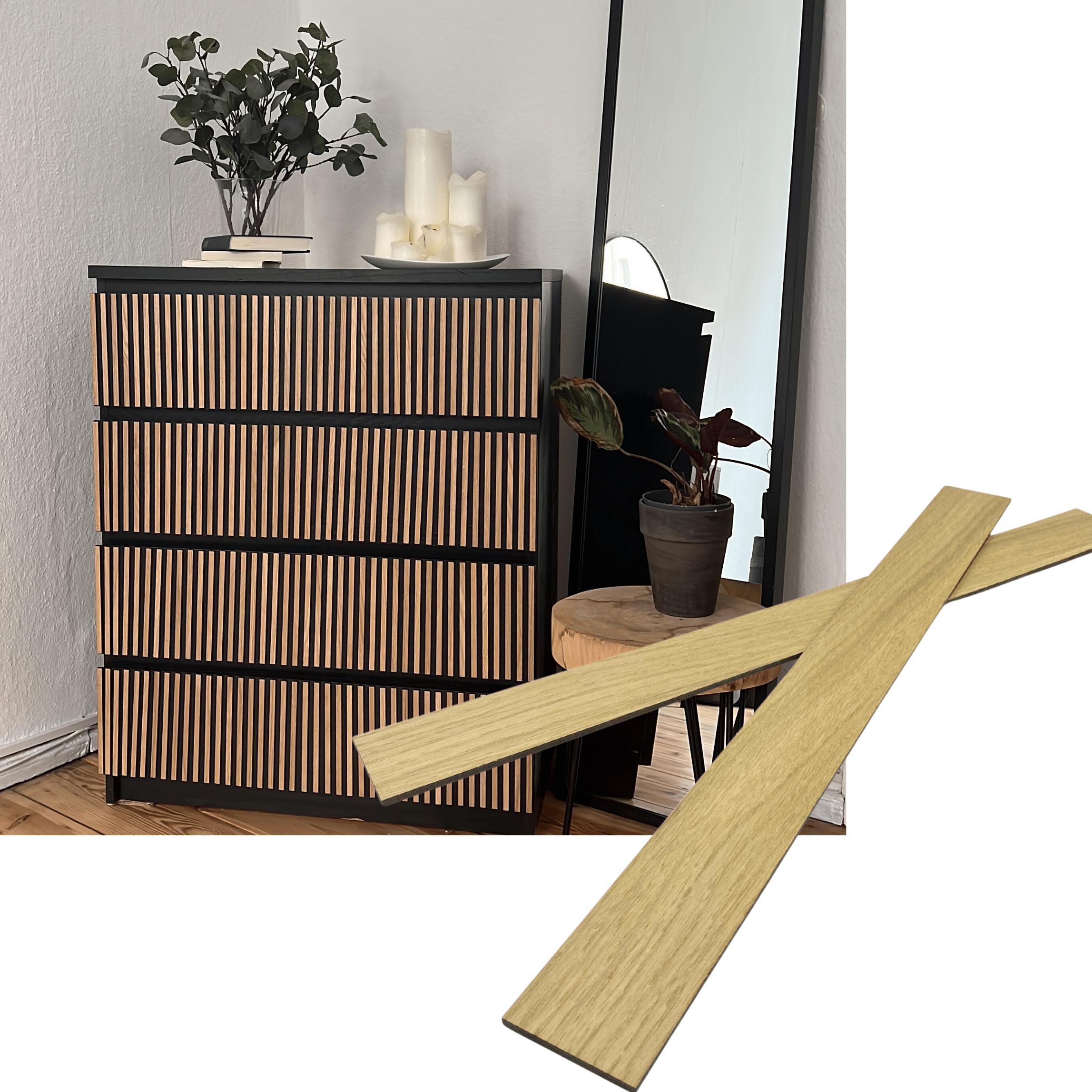 Overlay wooden slats panels for decorating ikea malm dresser 1 cm width panels by Artvoom – wood decor