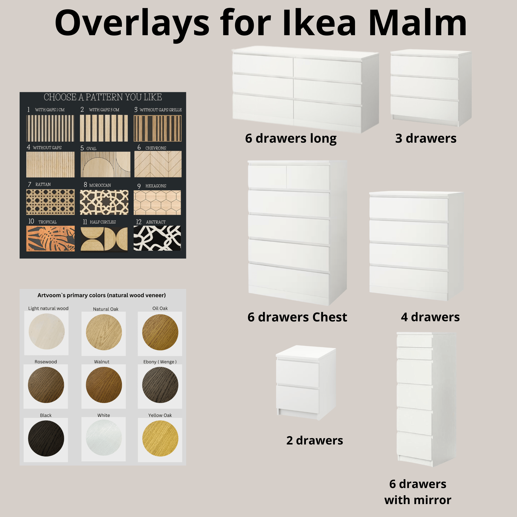 Overlay wooden slats panels for decorating ikea malm dresser 1 cm width panels by Artvoom – wood decor