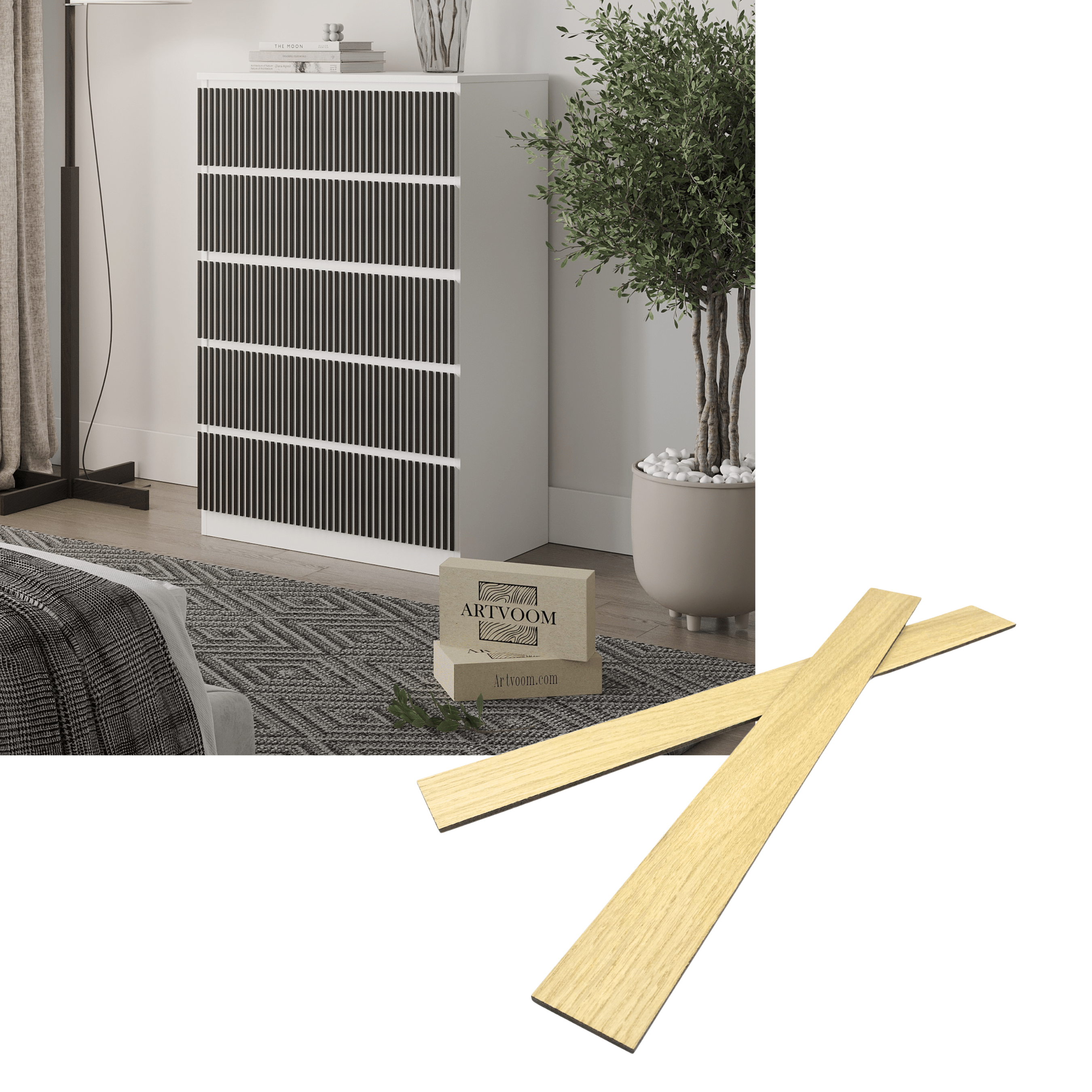 Overlay wooden slats panels for decorating ikea malm dresser 1 cm width panels by Artvoom – wood decor