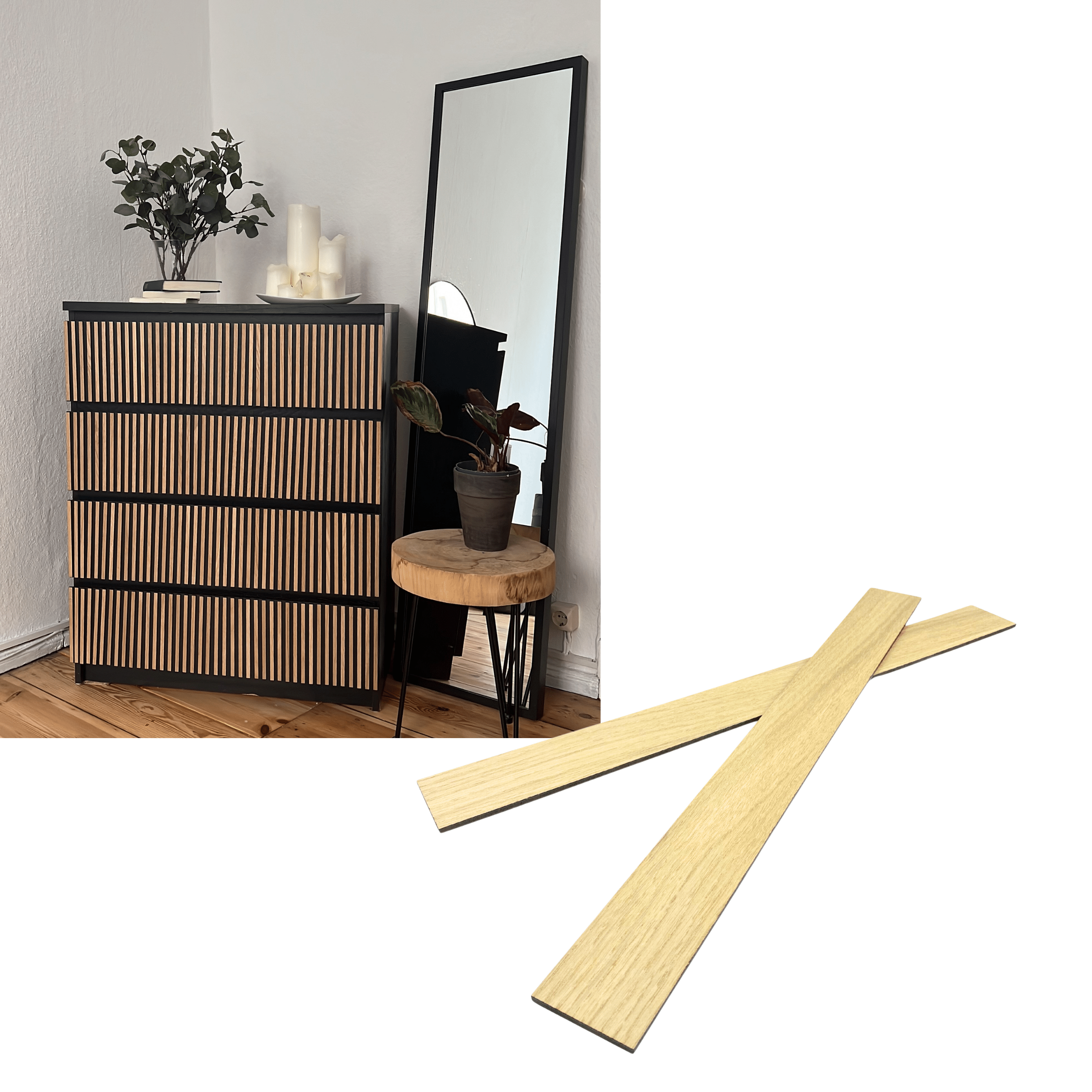 Overlay wooden slats panels for decorating ikea malm dresser 1 cm width panels by Artvoom – wood decor