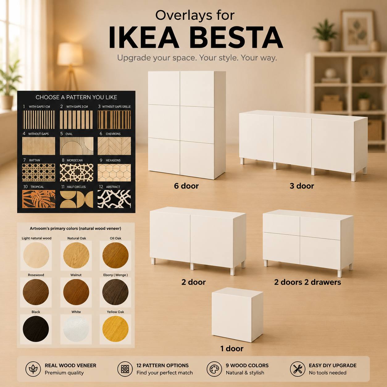 IKEA Besta Wood Overlays – Dacorative Panels for Cabinet Door Hack