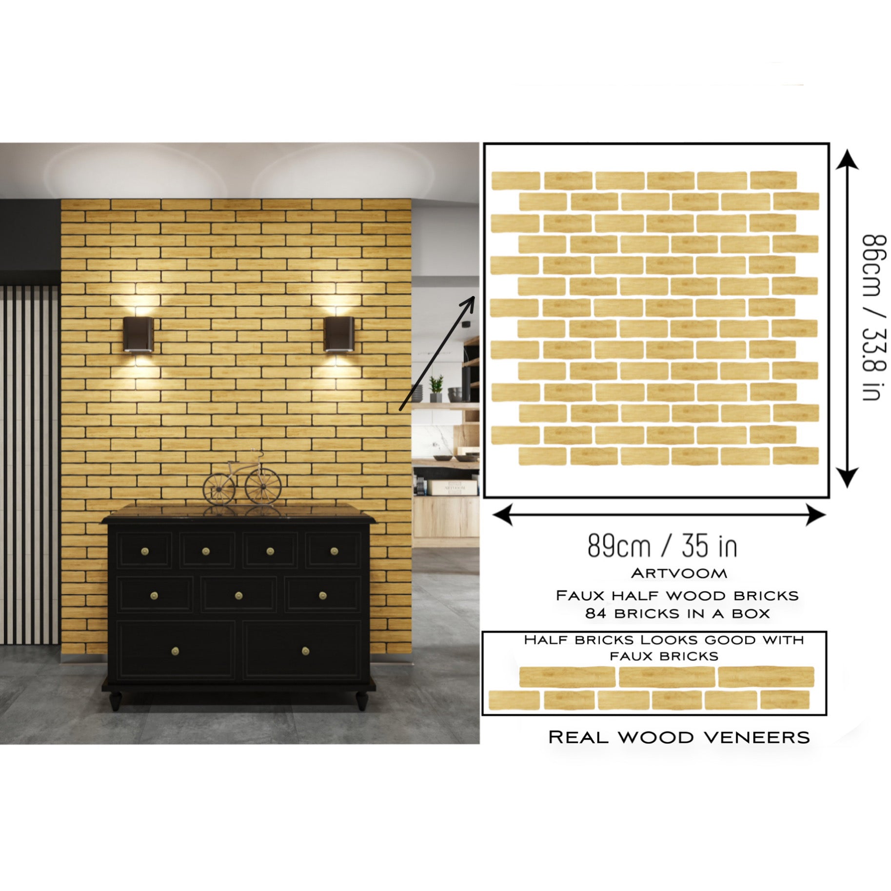 Real Wooden Faux Bricks for Wall Panels, Standard bricks 42pcs in a box or Half bricks 84pcs in a box. Artvoom Wall Decor. panels by Artvoom – wood decor