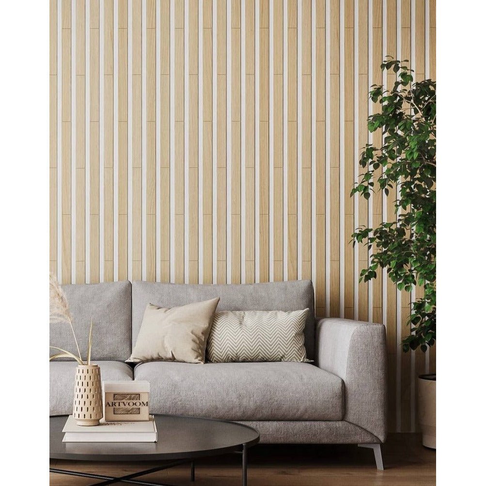 Minimalist home interior with natural wide oak wood panels installed as elegant vertical slats.