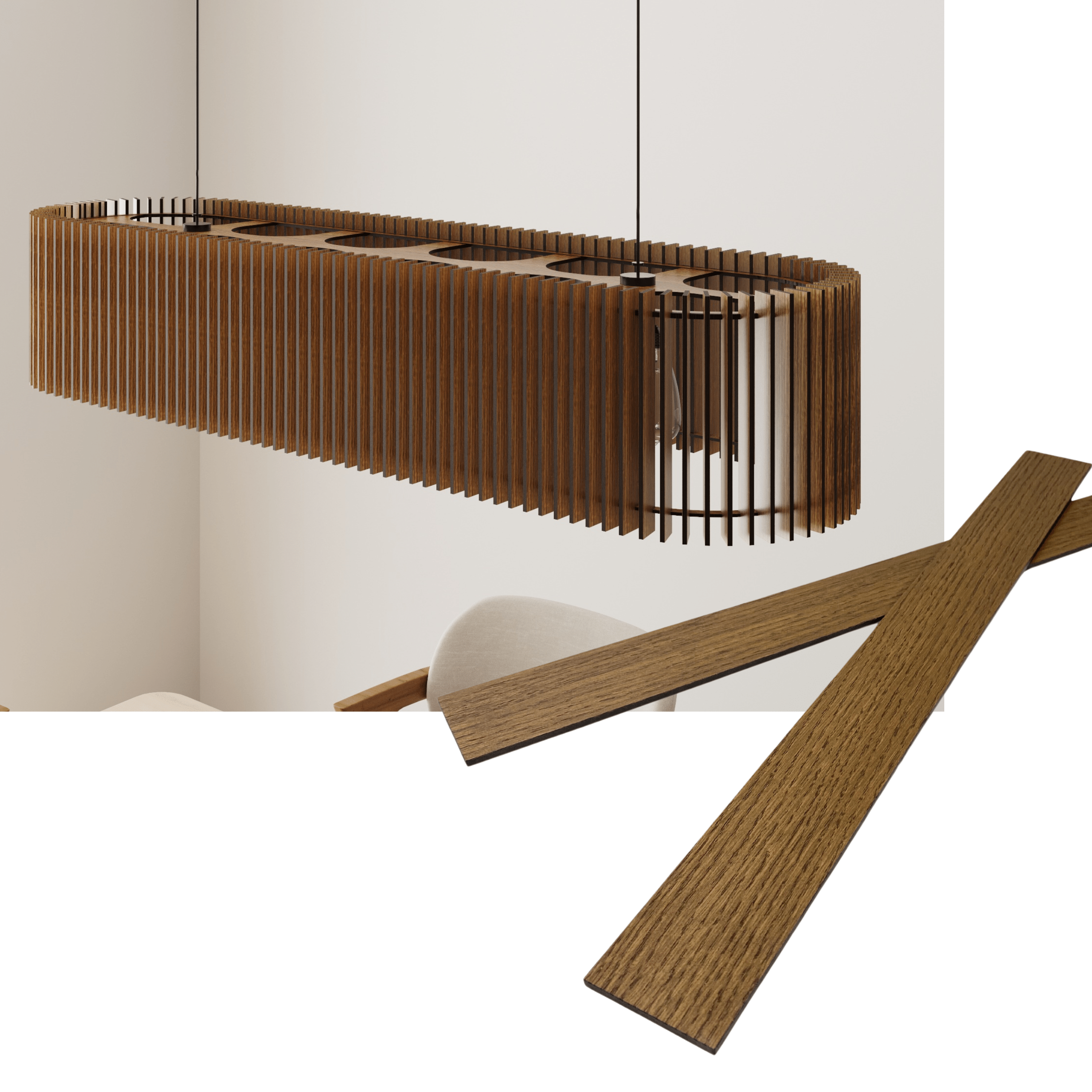 Wooden long oval pendant lamp made of slats panels by Artvoom – wood decor
