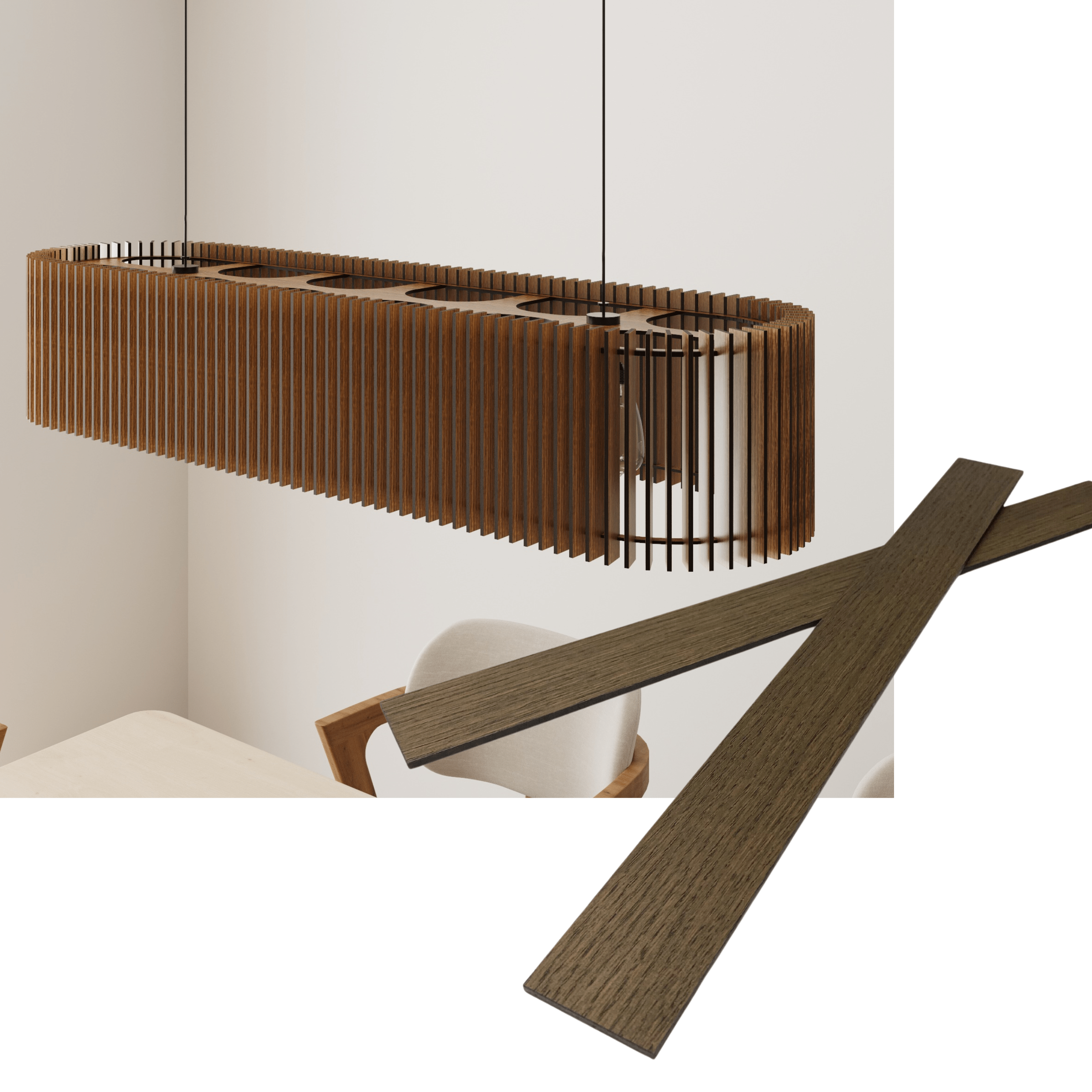 Wooden long oval pendant lamp made of slats panels by Artvoom – wood decor