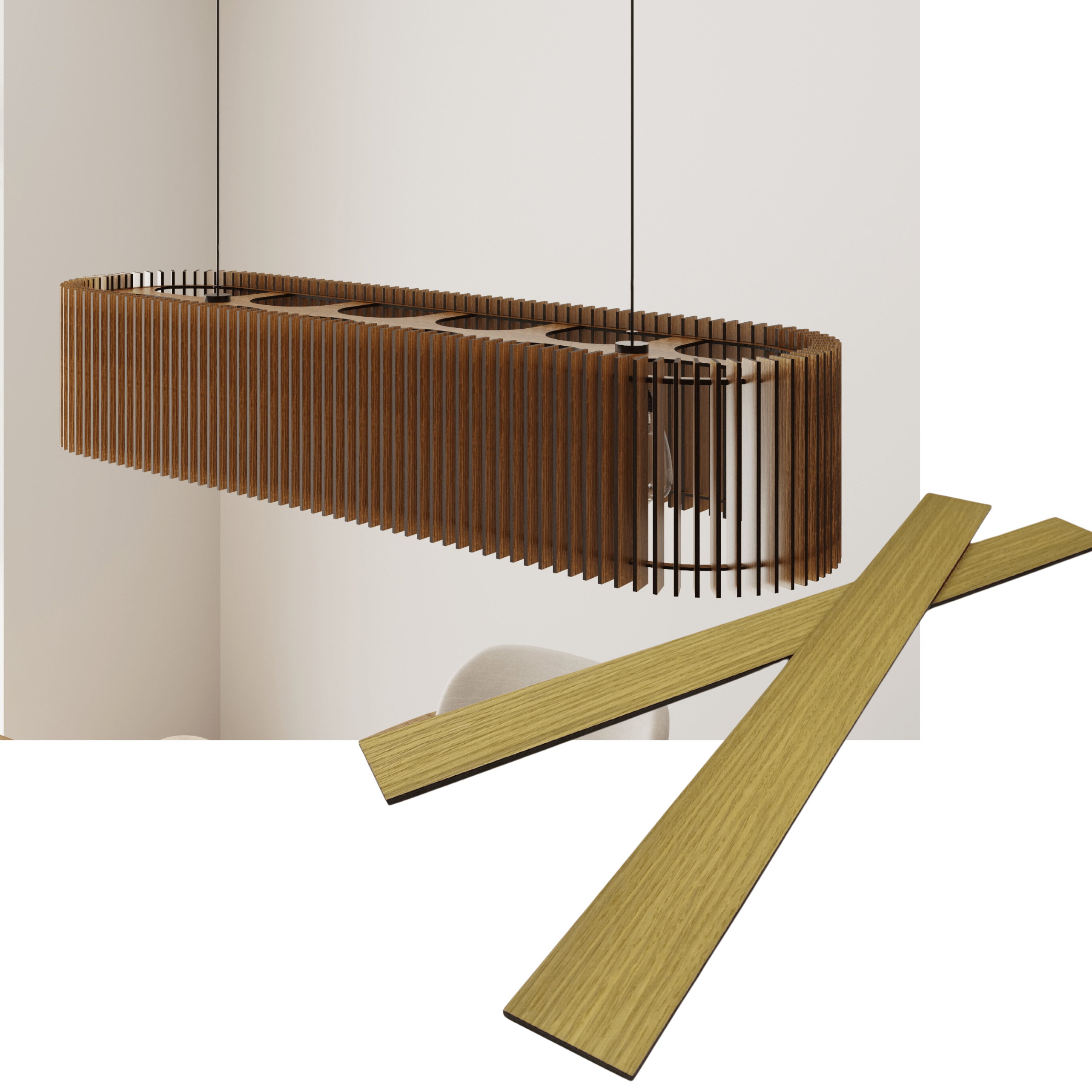 Wooden long oval pendant lamp made of slats panels by Artvoom – wood decor