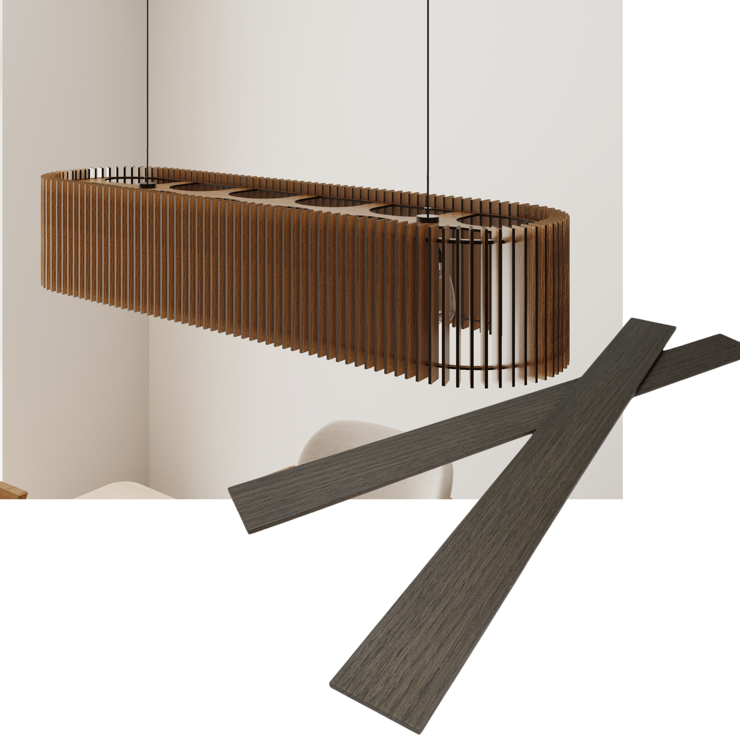 Wooden long oval pendant lamp made of slats panels by Artvoom – wood decor