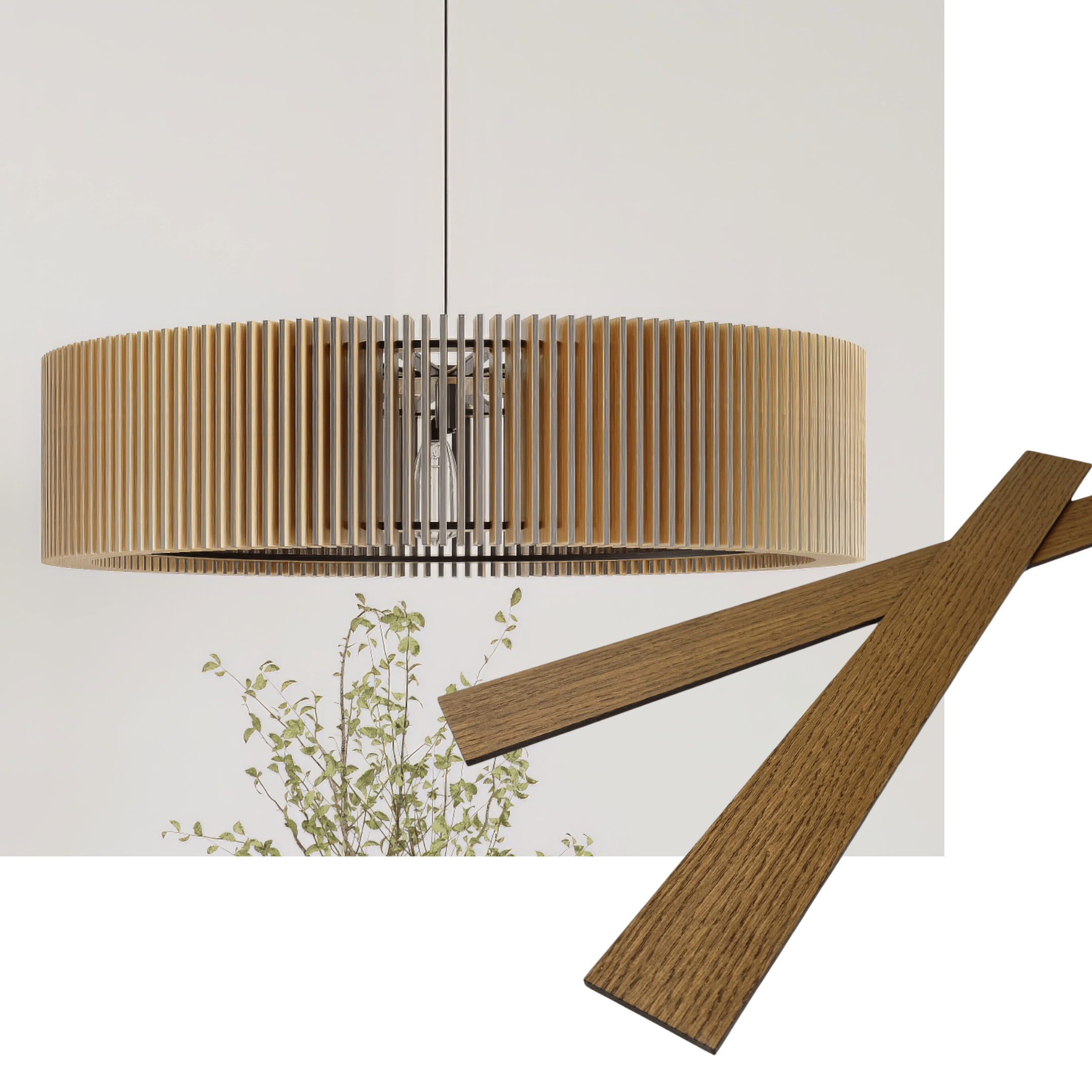 Wooden long oval pendant lamp made of slats panels by Artvoom – wood decor