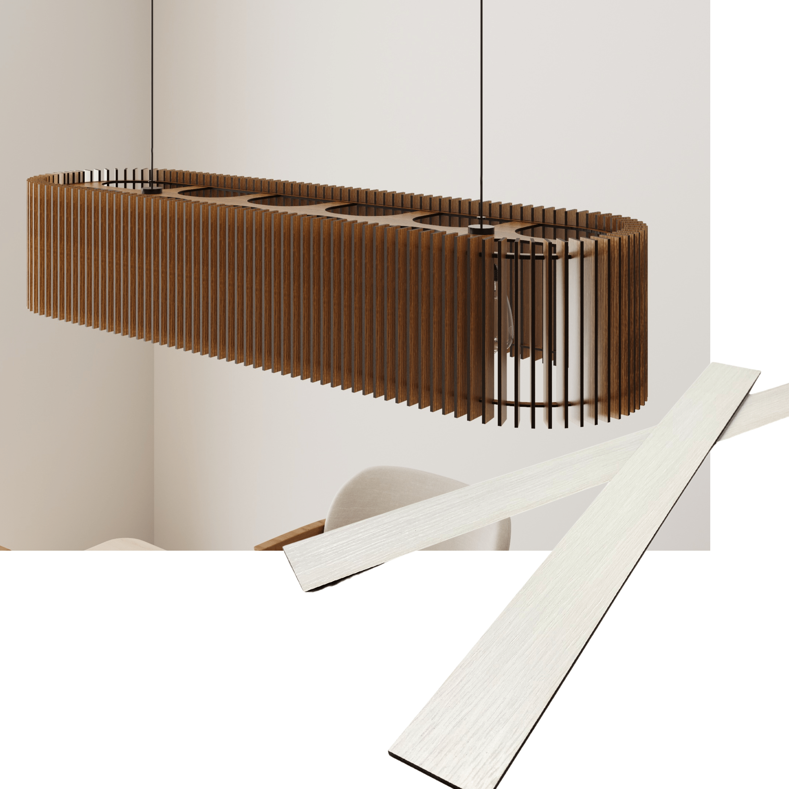 Wooden long oval pendant lamp made of slats panels by Artvoom – wood decor