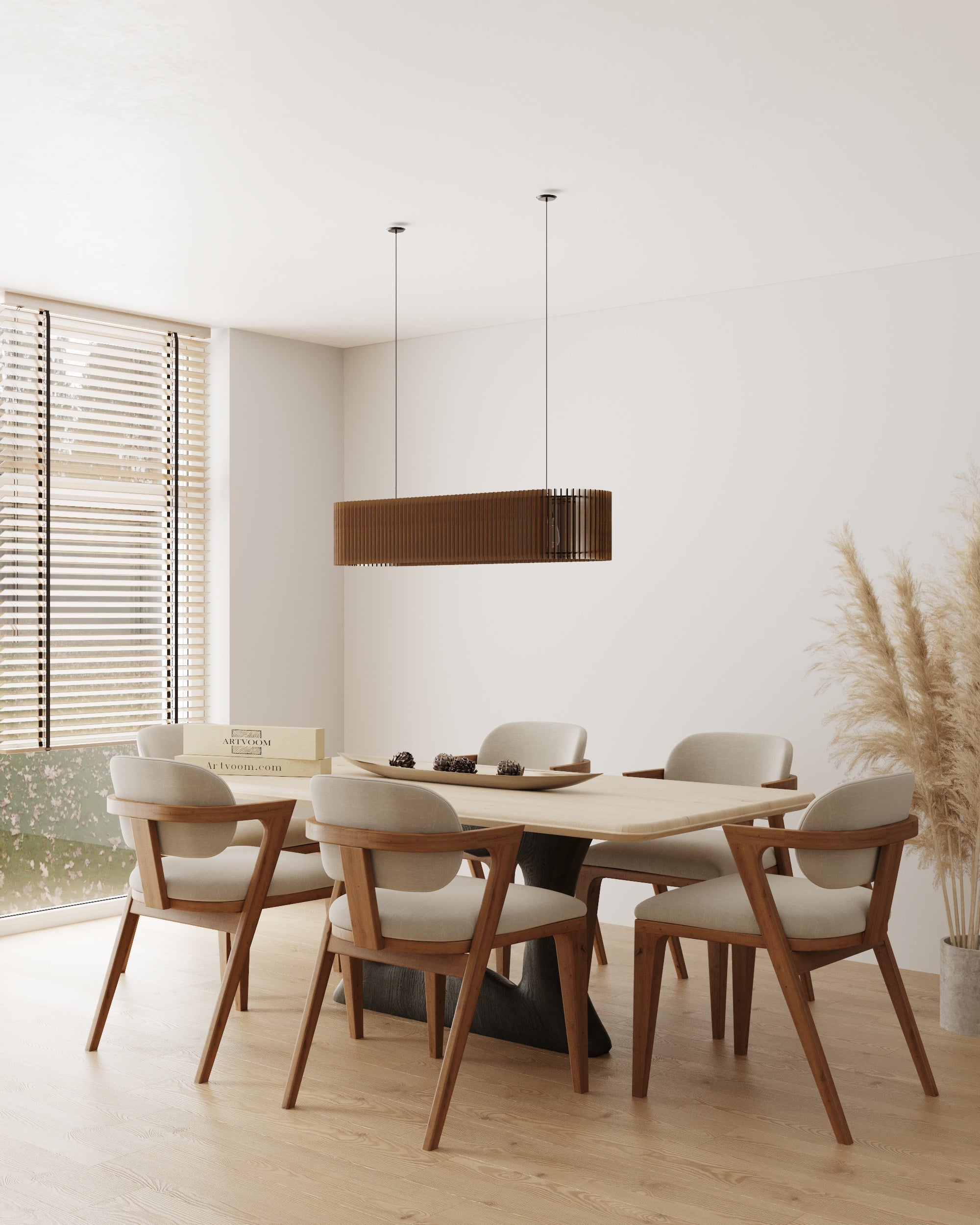 Wooden long oval pendant lamp made of slats panels by Artvoom – wood decor