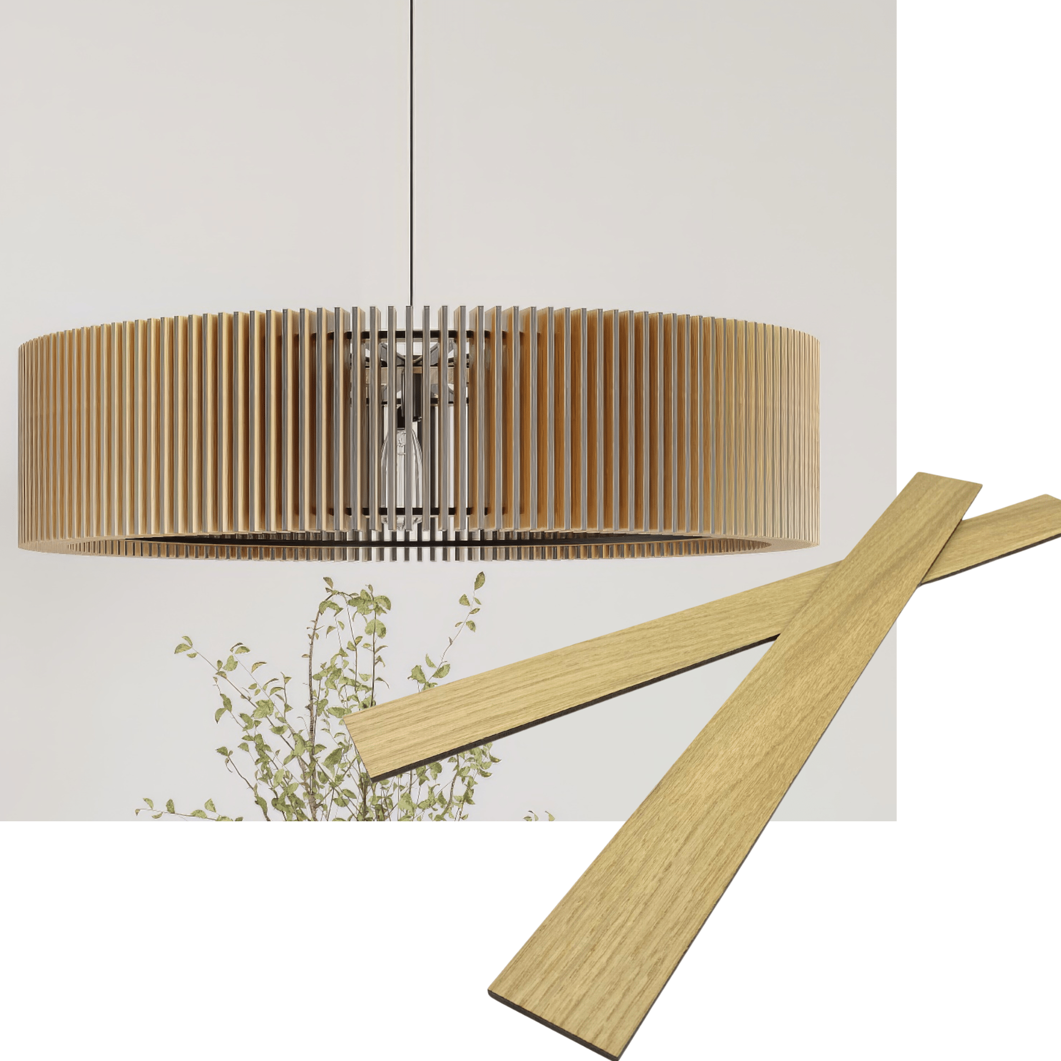 Wooden long oval pendant lamp made of slats panels by Artvoom – wood decor
