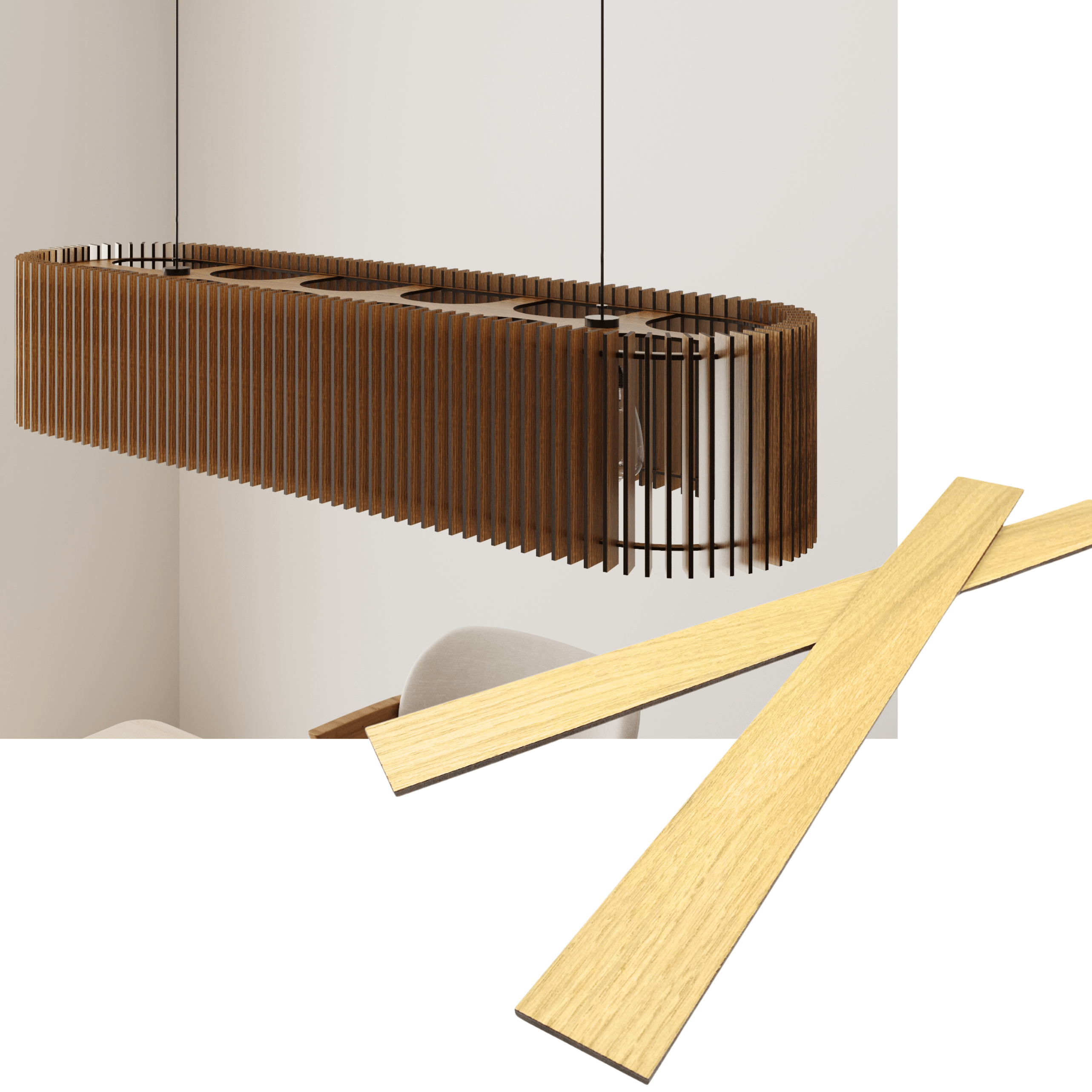 Wooden long oval pendant lamp made of slats panels by Artvoom – wood decor