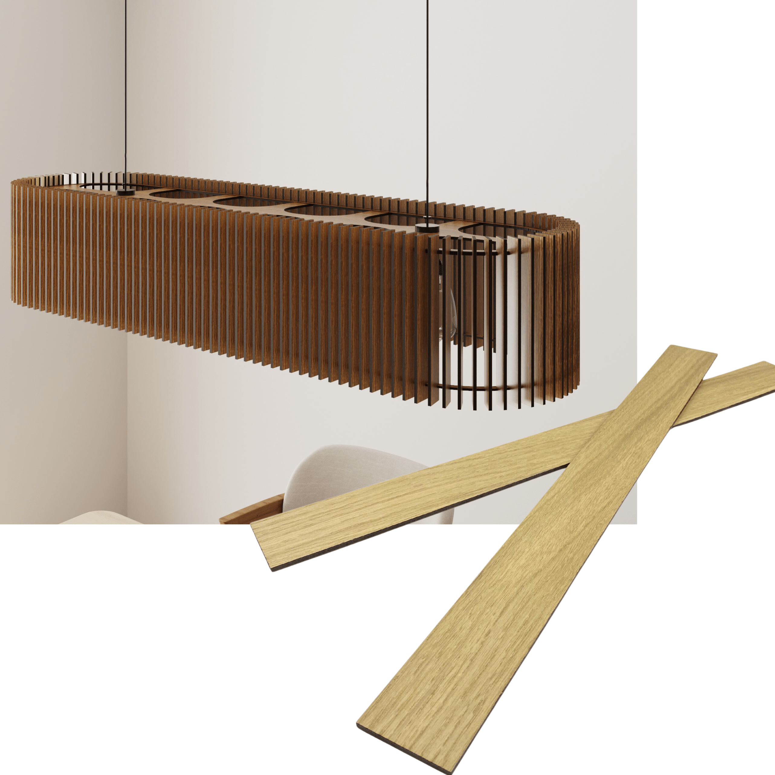 Wooden long oval pendant lamp made of slats panels by Artvoom – wood decor