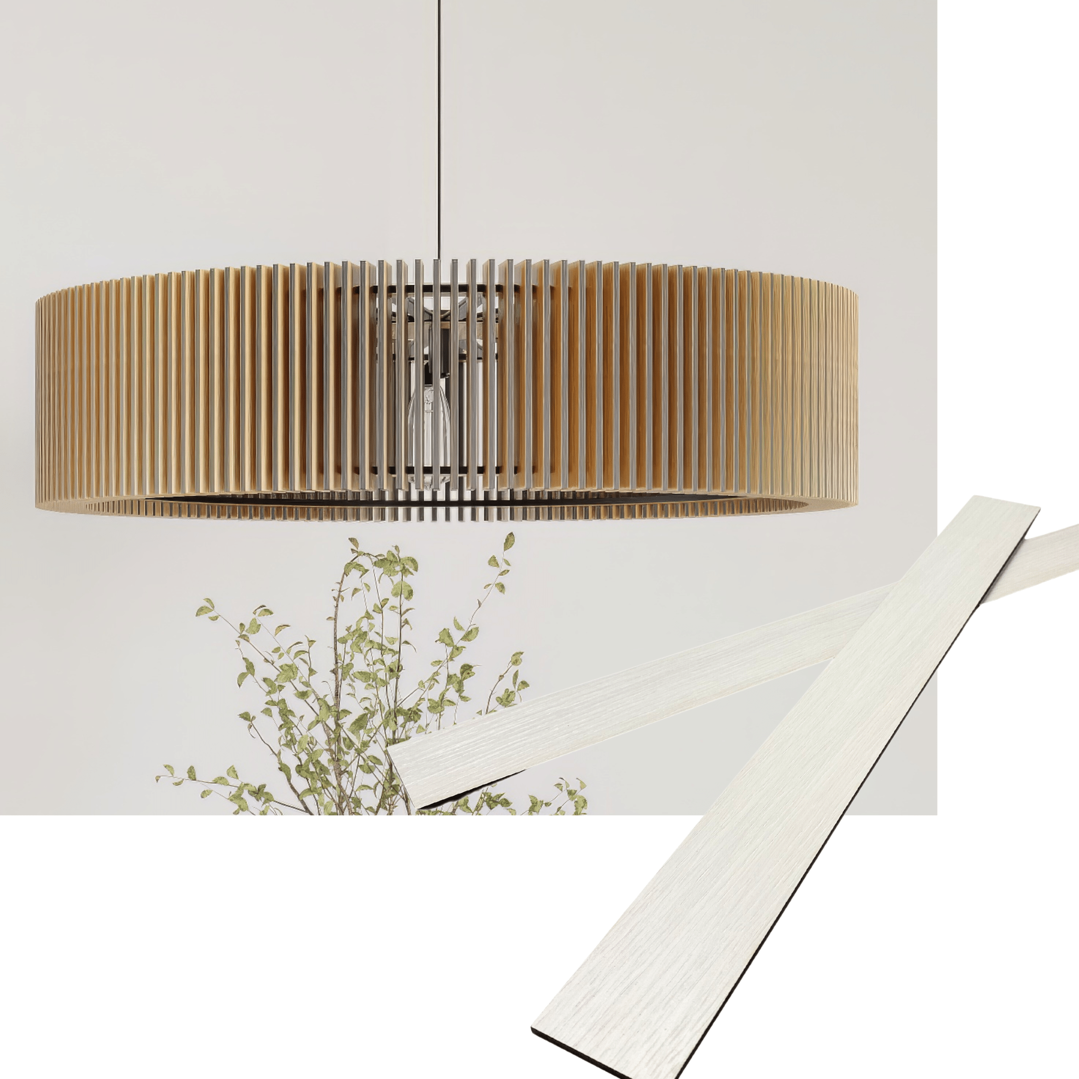 Wooden long oval pendant lamp made of slats panels by Artvoom – wood decor