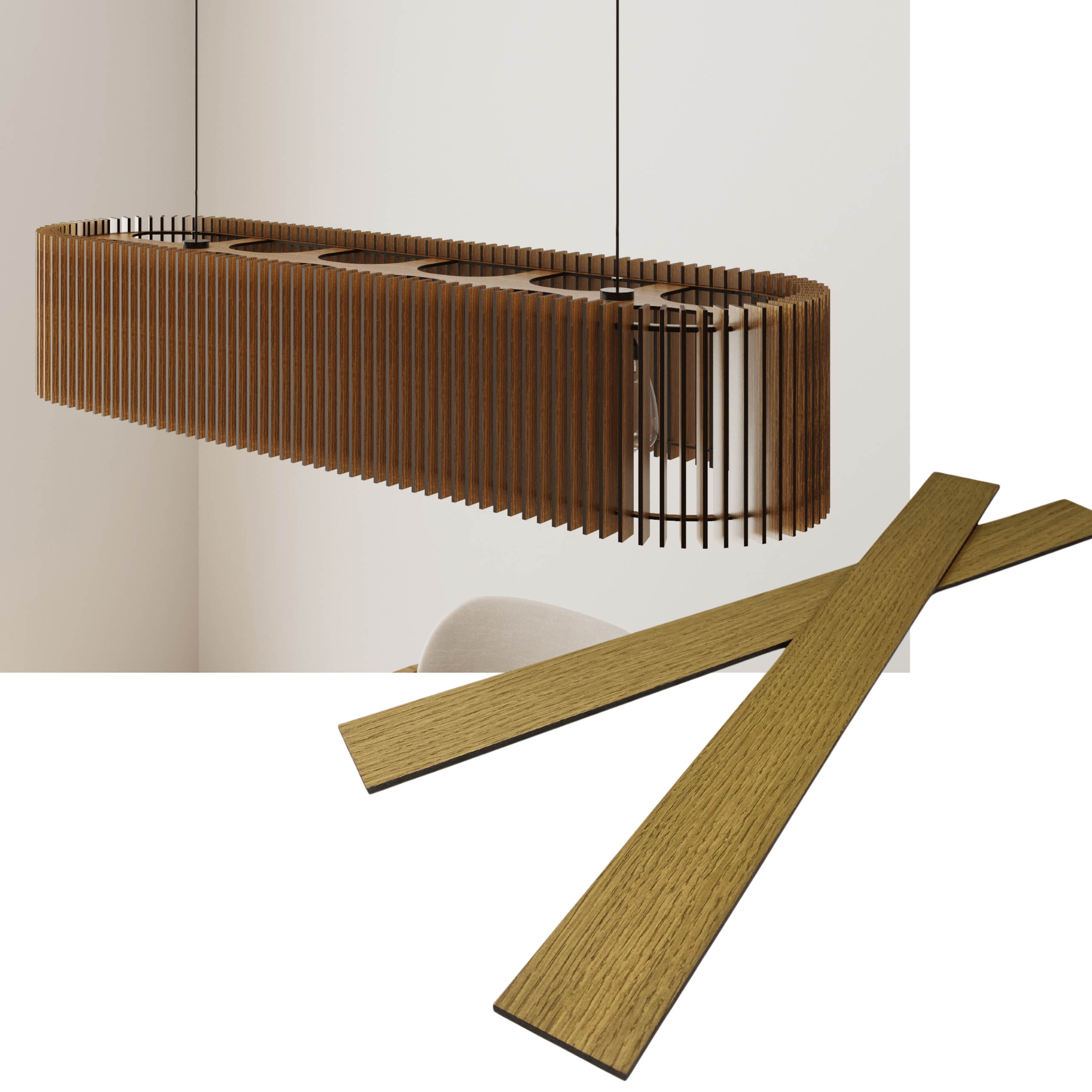 Wooden long oval pendant lamp made of slats panels by Artvoom – wood decor