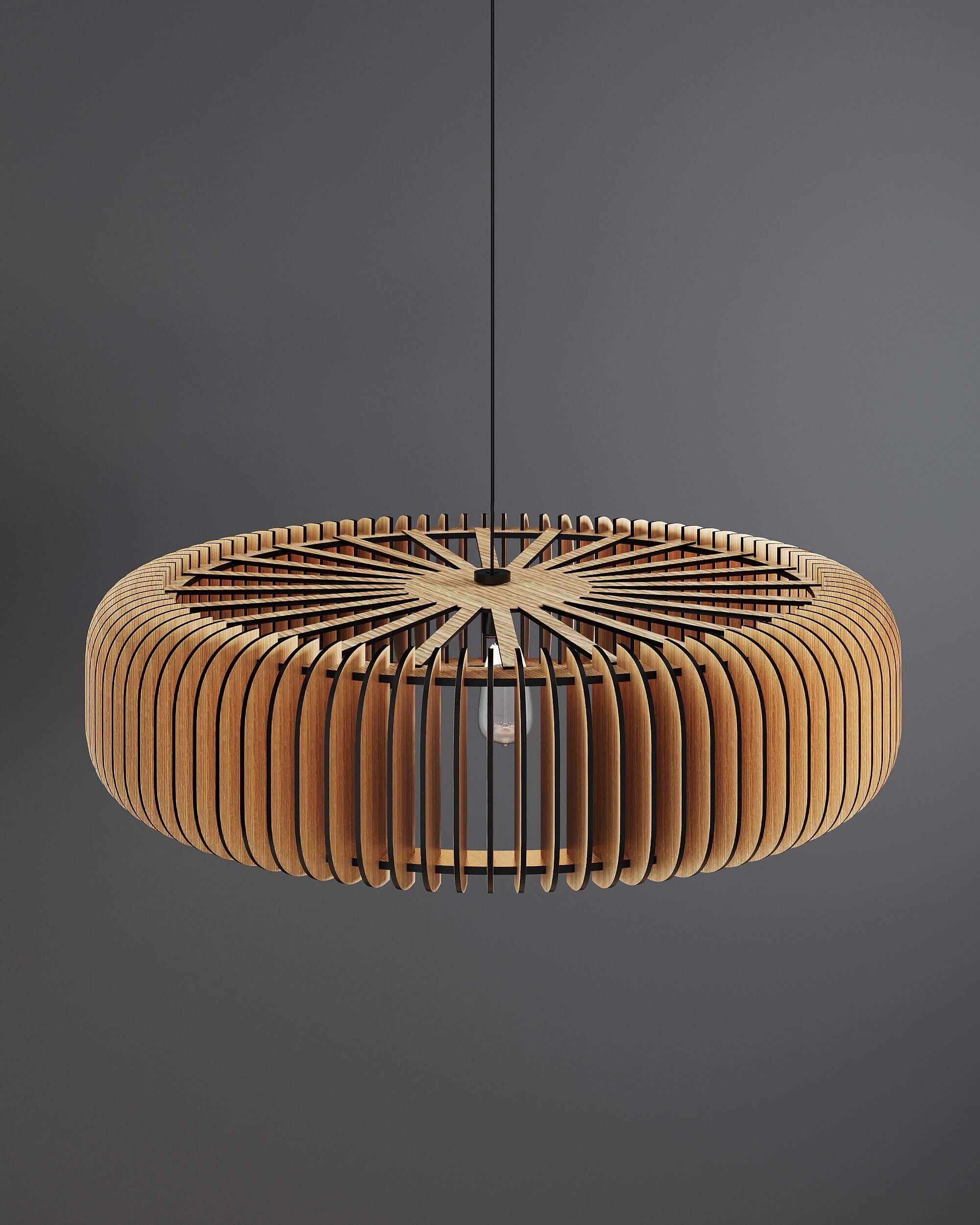 Sophisticated hanging light fixture featuring an organic silhouette with softly rounded wooden corners.