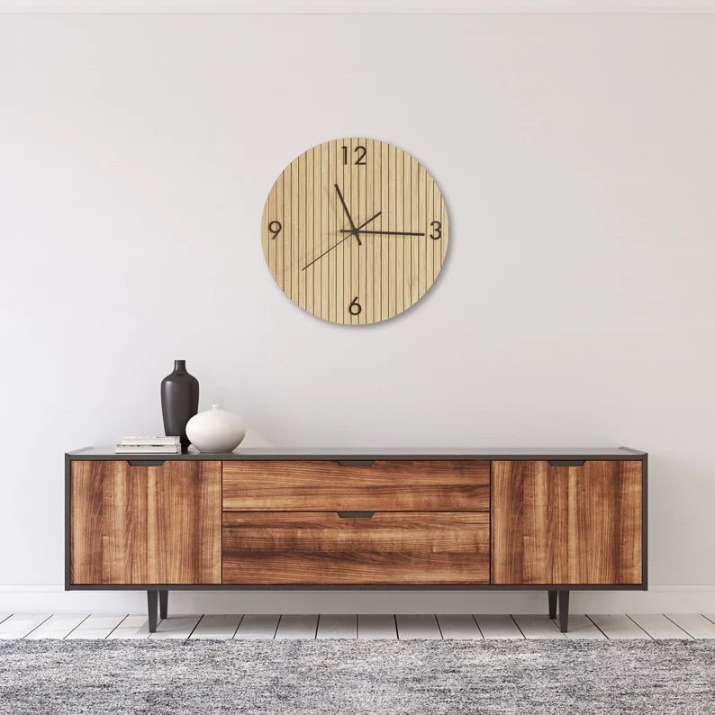 Minimalist wooden wall clock featuring a distinctive vertical slatted aesthetic as a majestic focal point.