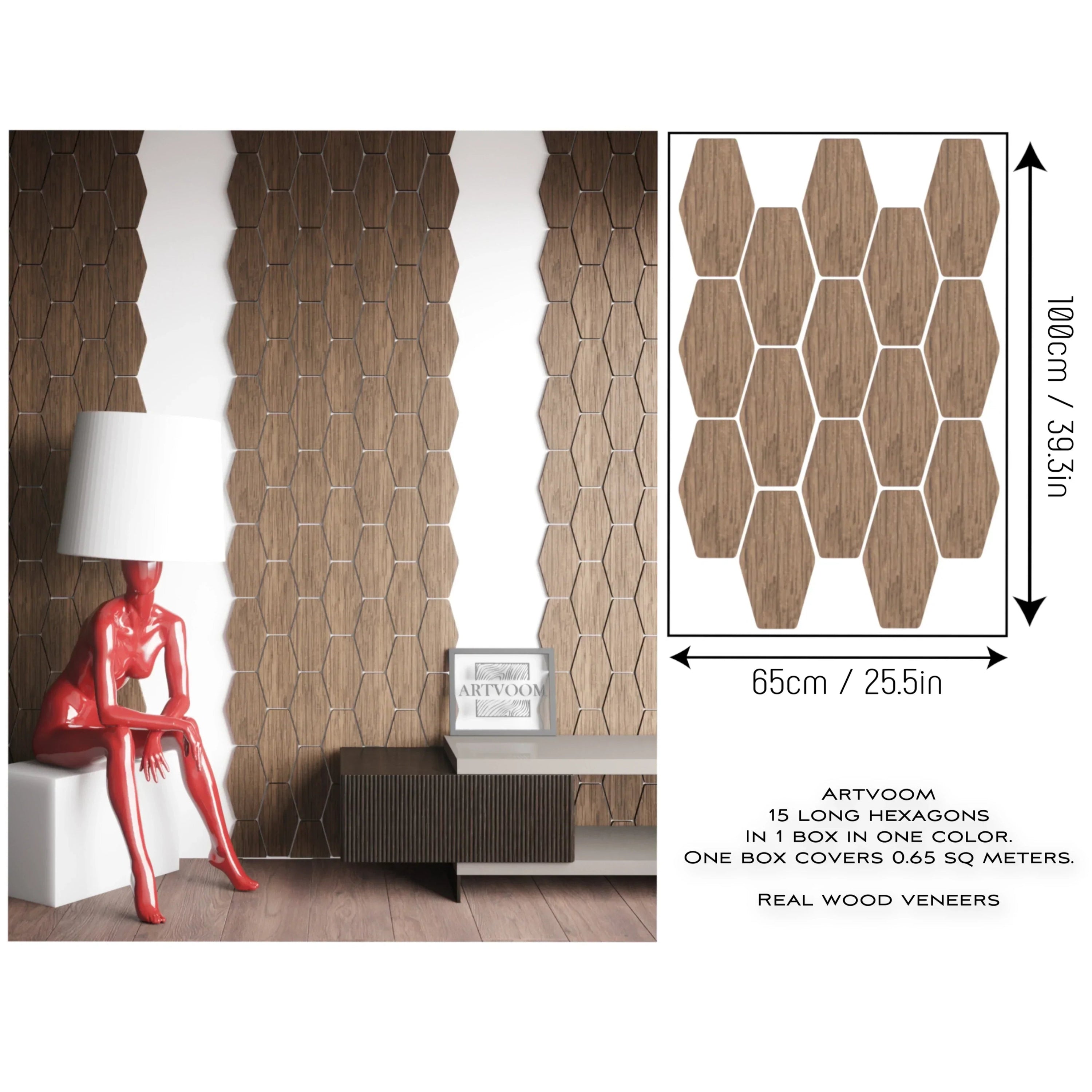 Long hexagons Walnut, Wooden Wall Panels, 15 pcs in box. Artvoom Wall Decor panels by Artvoom – wood decor