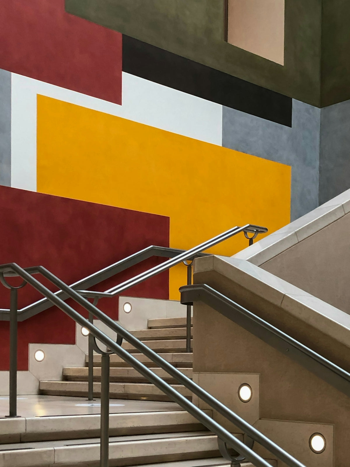 a painting of a staircase with a hand rail