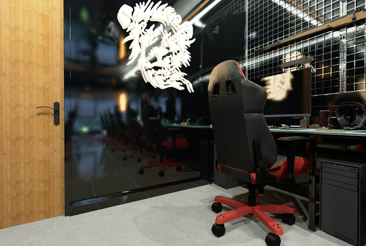 a room with a desk and a chair in it