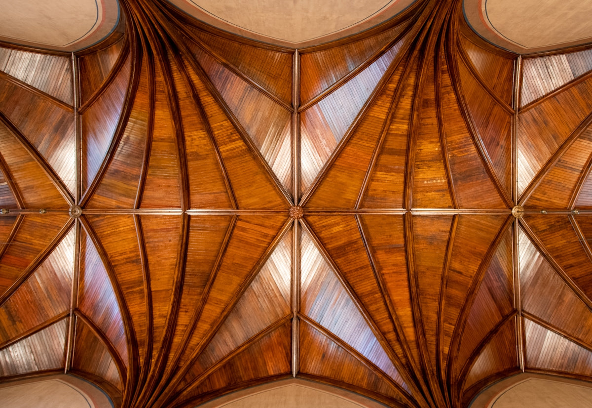 a close up view of a wooden ceiling