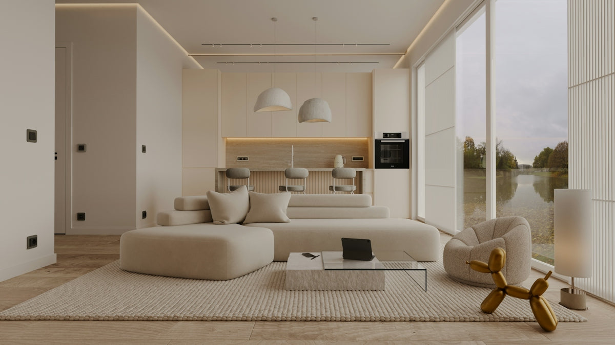 a modern living room with a large window