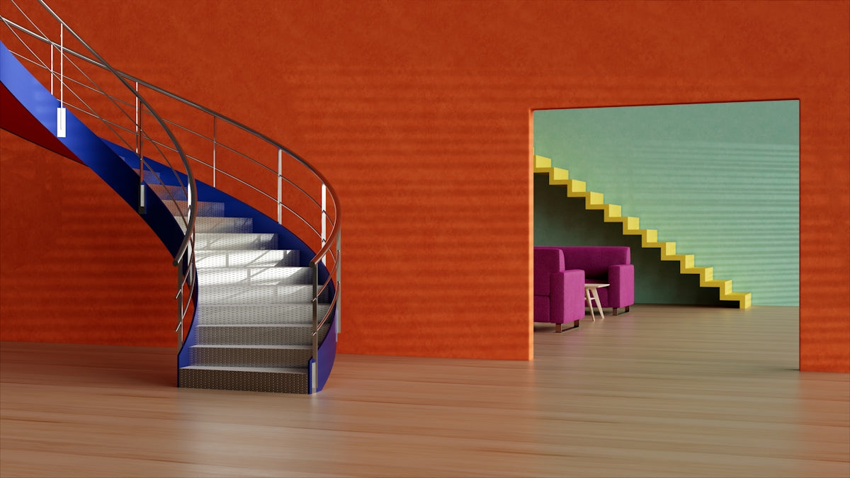 a room with a staircase and a purple chair